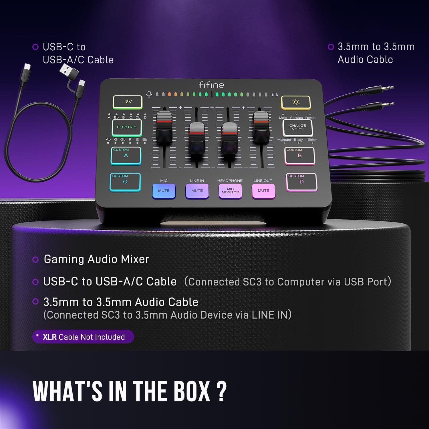 FIFINE Gaming Audio Mixer, Streaming RGB PC Mixer with XLR Microphone Interface, Individual Control, Volume Fader, Mute Button, 48V Phantom Power, for Podcast/Recording/Vocal/Game Voice-AmpliGame SC3 Black - Image 10