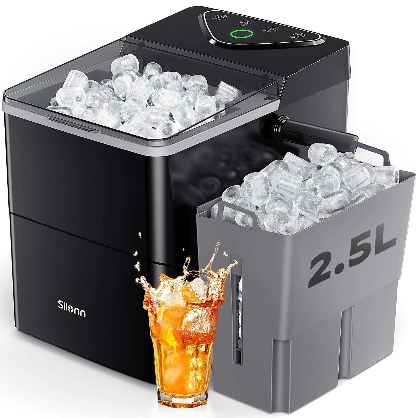 Silonn Countertop Ice Maker with Expanding Ice Basket, 9 Cubes in 6 Mins, 2.5L Ice Basket, Self-Cleaning Ice Maker with LED Touch Control, 2 Bullet Ice Sizes for Home, Kitchen, Office Black with Expanding Ice Basket 26lbs