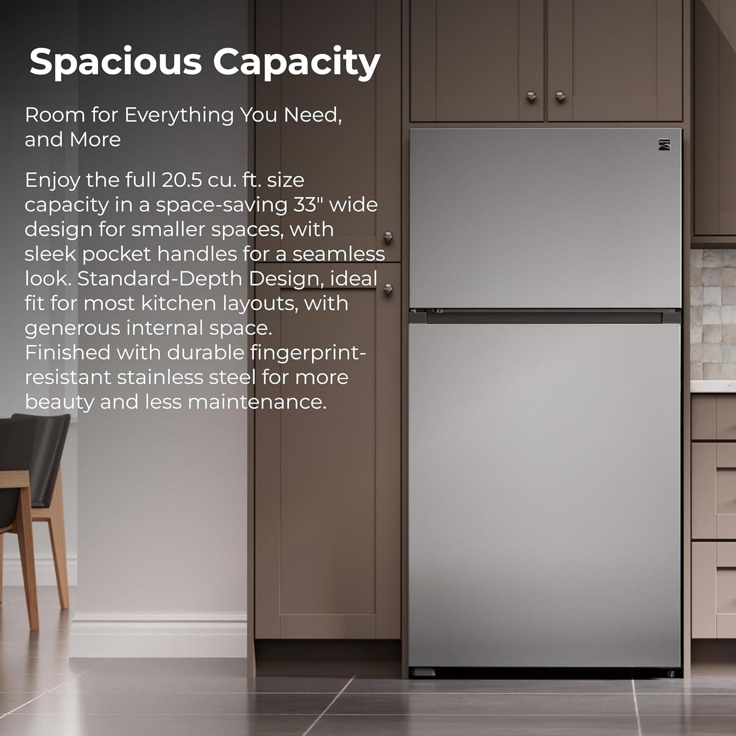 Kenmore 33 in. 20.5 cu. ft. Capacity Refrigerator/Freezer with Full-Width Adjustable Glass Shelving, Humidity Control Crispers, ENERGY STAR Certified, Fingerprint Resistant Stainless Steel 20.5 cu ft Fingerprint Resistant Stainless Steel - Image 4