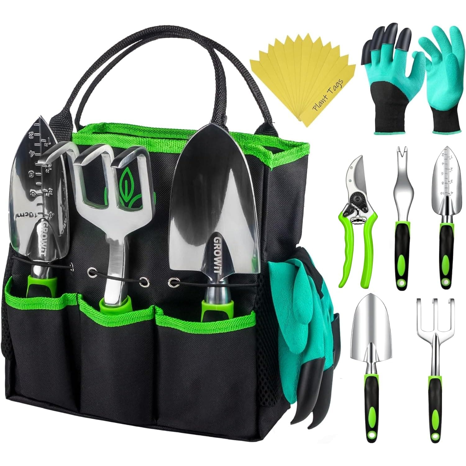 GROWIT Heavy Duty Gardening Tools - 22-Piece Gardening Gifts for Women, Men, Mom, Dad - Durable, Ergonomic Garden Tools Set Green