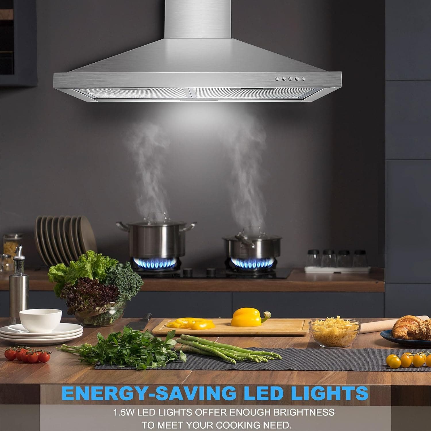 Wall Mount Range Hood 30 inch with Ducted/Ductless Convertible Duct, Stainless Steel Chimney-Style Over Stove Vent Hood with LED Light, 3 Speed Exhaust Fan, 450 CFM Button Control Mesh Filters - Image 7