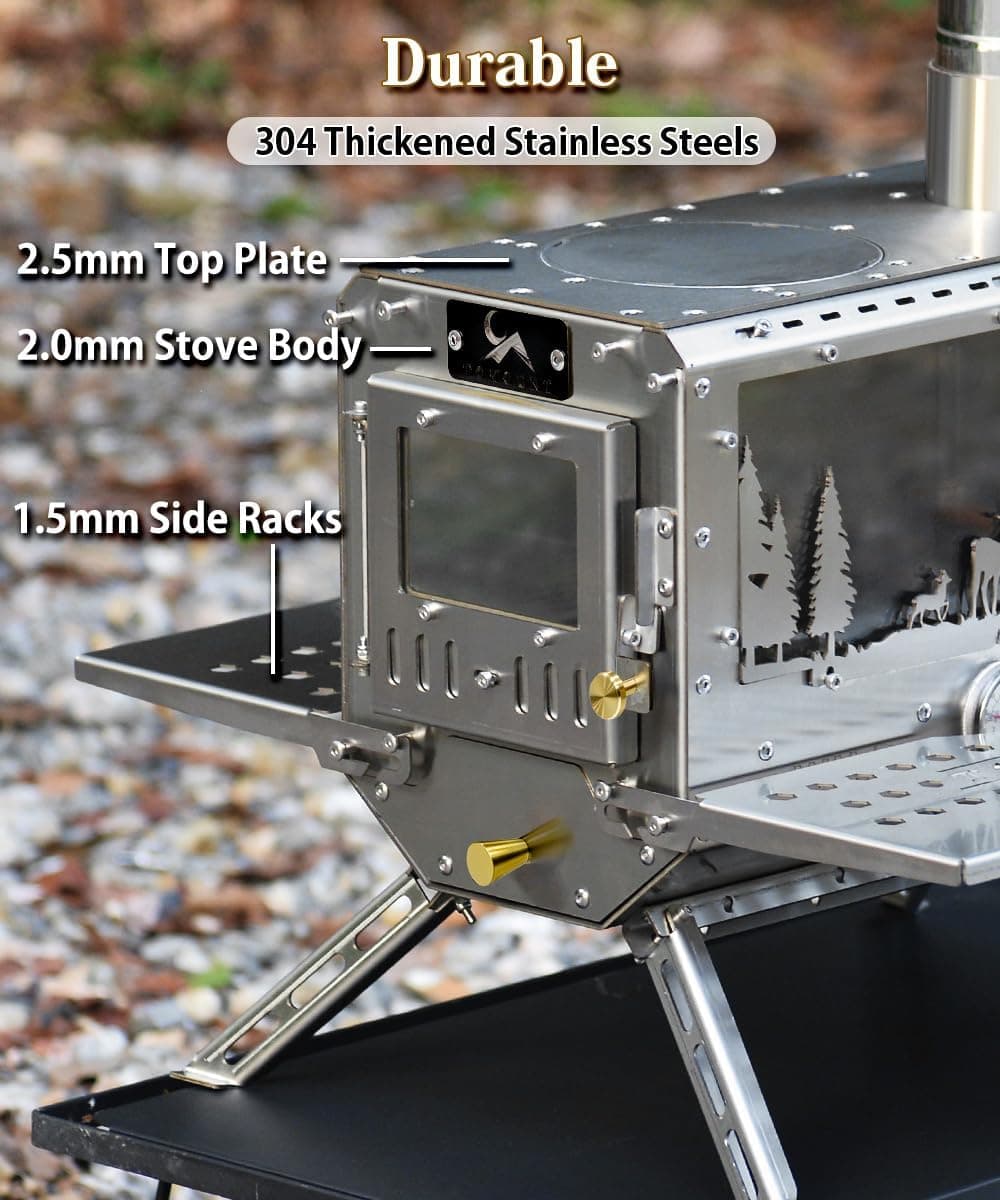TOMOUNT Hot Tent Stove,Wood Stove with 7 Chimney Pipes,304 Stainless Camping Tent Stove with Spark Damper, Wood Burning Stove for Cooking and Heating，with heat-resistant Glass Window stainless steel color - Image 3
