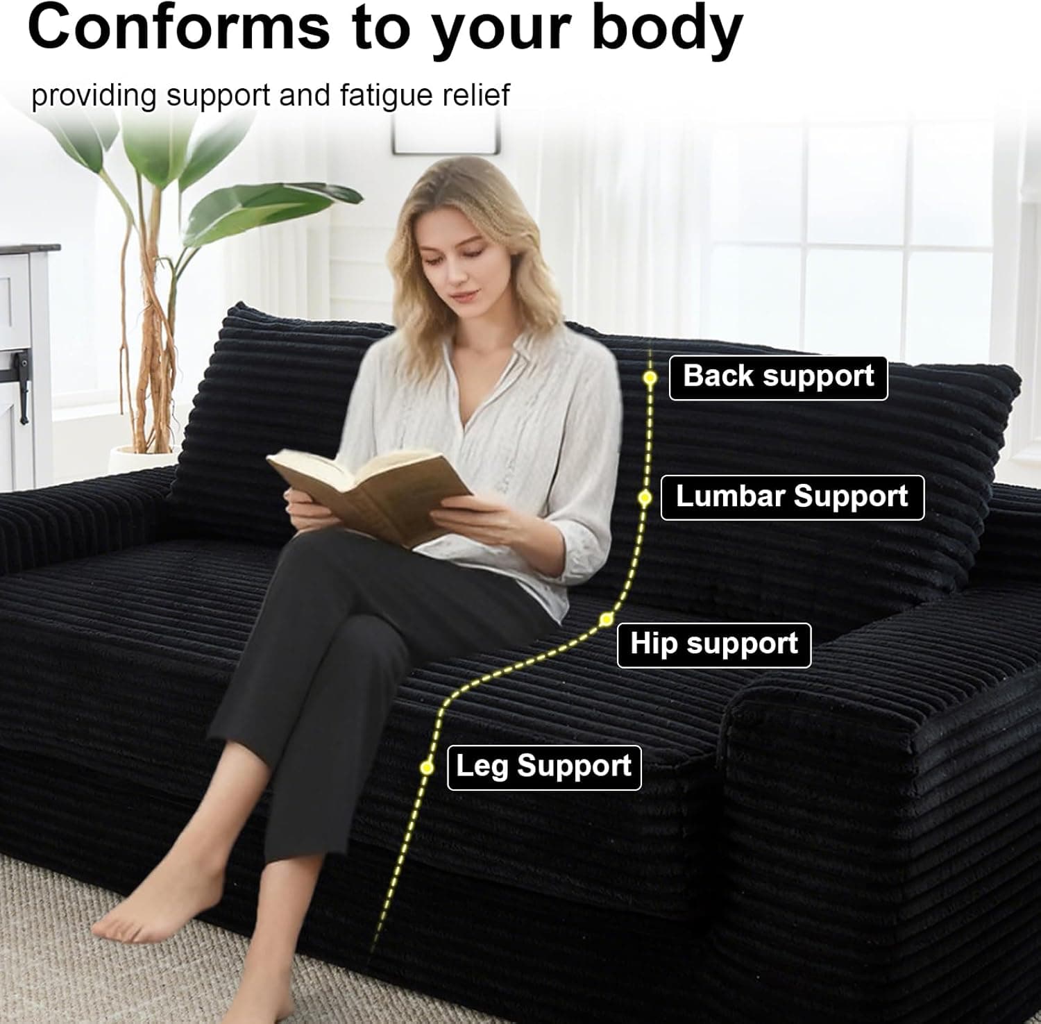 GNIXUU 71" Corduroy Cloud Loveseat Sofa, 2 in 1 Convertible Black Boneless Sleeper Sofa with Fixed-Shape Frame, Comfy Folding Love Seat Couches for Living Room, Apartment, Small Spaces - Image 5