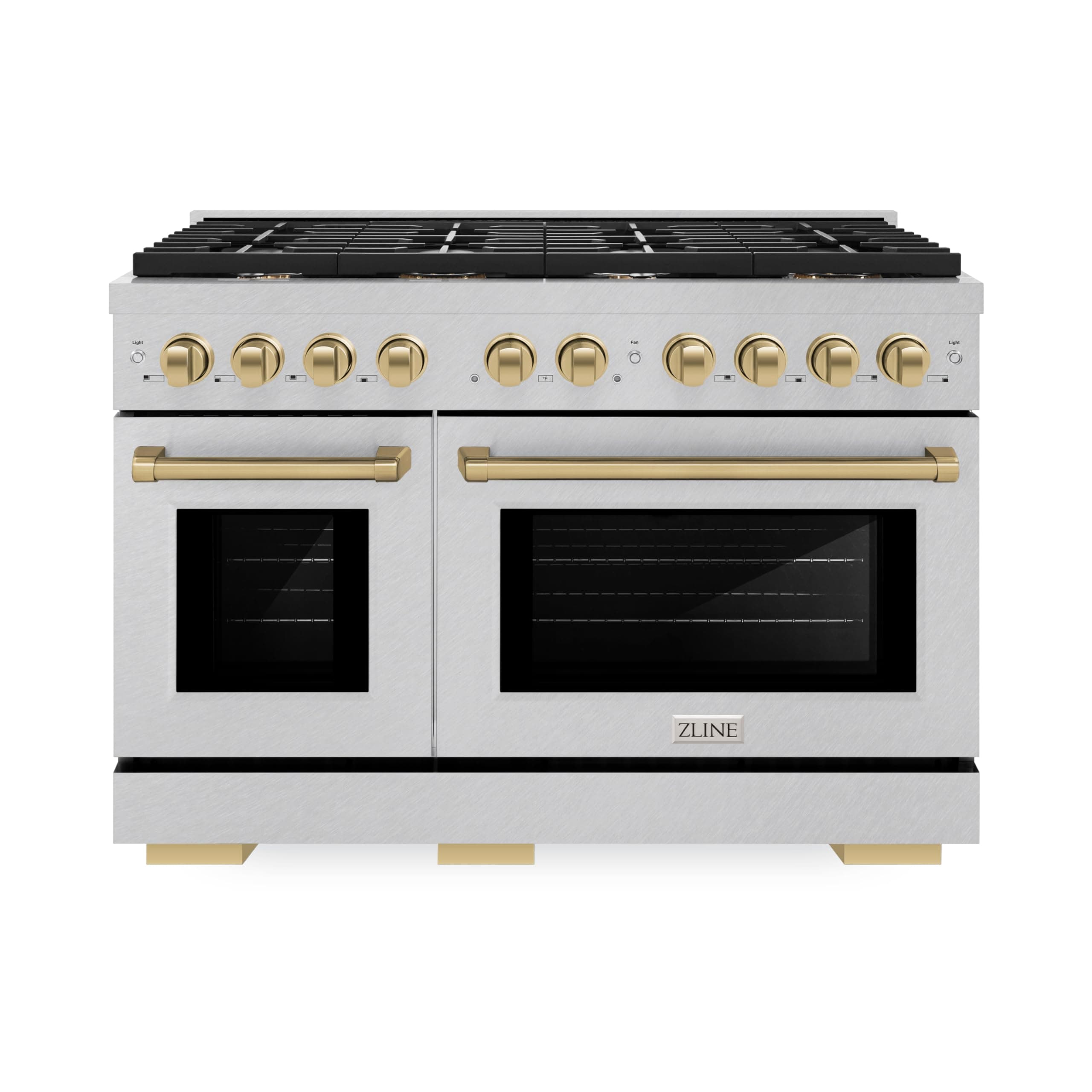 ZLINE Autograph Edition 48 in. 6.7 cu. ft. Paramount Double Oven Dual Fuel Range with 8 Burner Gas Cooktop in Satin Stainless Steel and Champagne Bronze Accents (SDRSZ-48-CB)