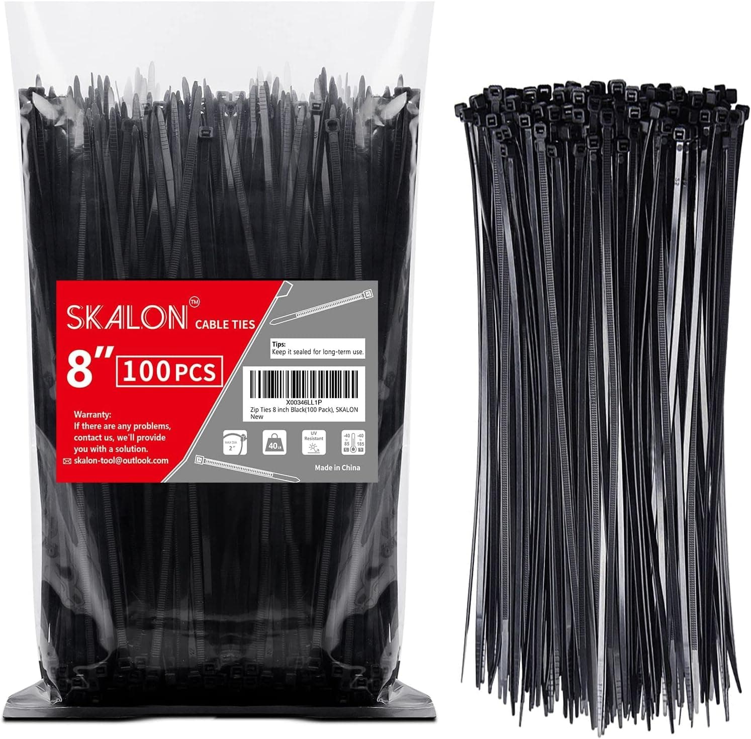 Zip Ties 8 inch (100 Pack), 40lbs Tensile Strength, Black Cable Ties, Wire Ties for indoor and outdoor use, by Skalon 8" 100 Pack - Image 2