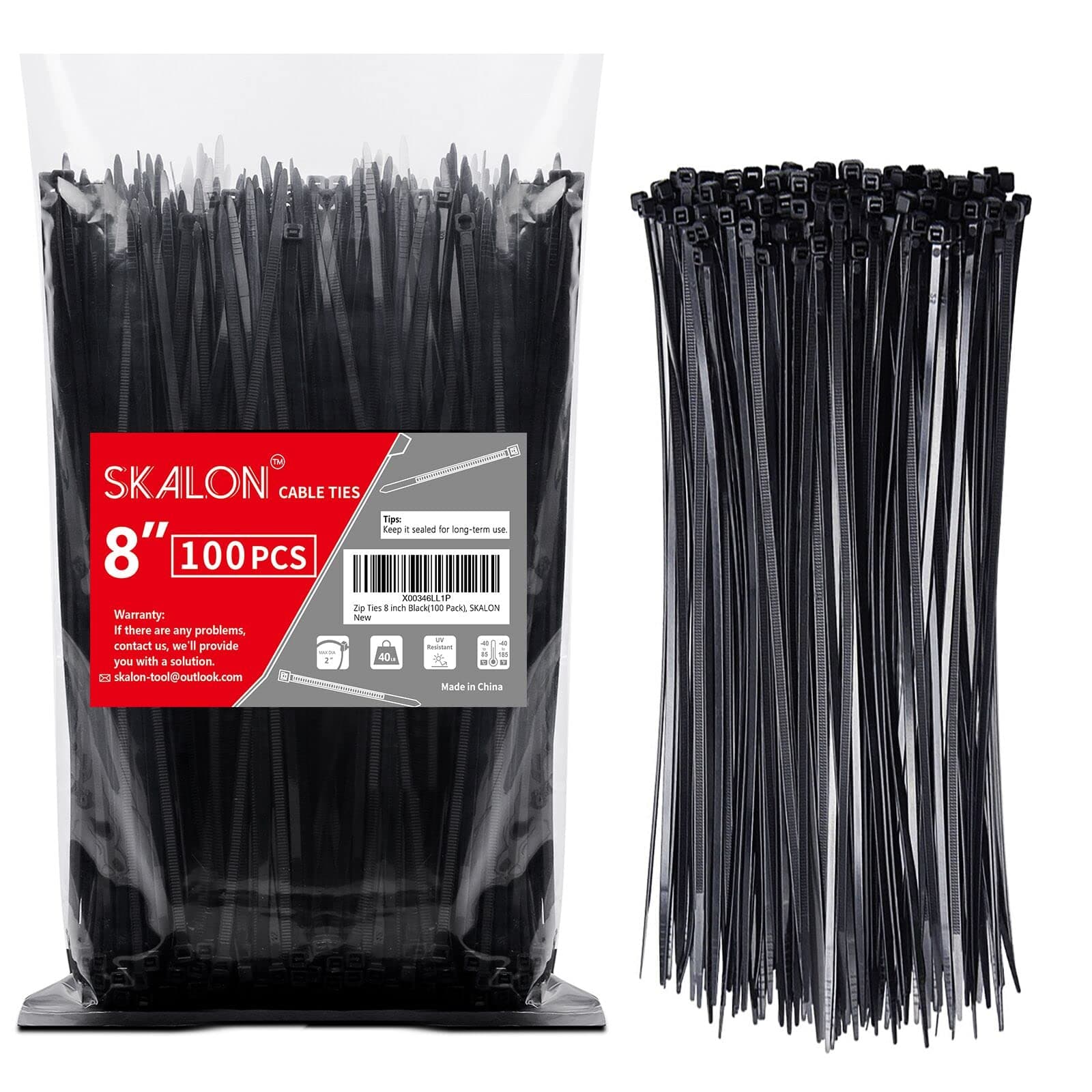 Zip Ties 8 inch (100 Pack), 40lbs Tensile Strength, Black Cable Ties, Wire Ties for indoor and outdoor use, by Skalon 8" 100 Pack