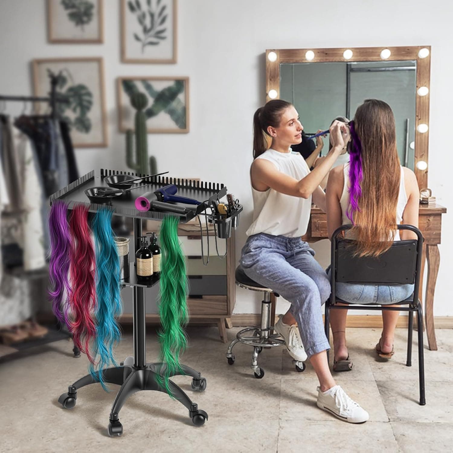 ZHOOGE Hairstylist Rolling Cart, Salon Trolley With Storage Platform and Hair Separator Stand, Coloring Tray With Dye Bowls and Tools, Black - Image 7