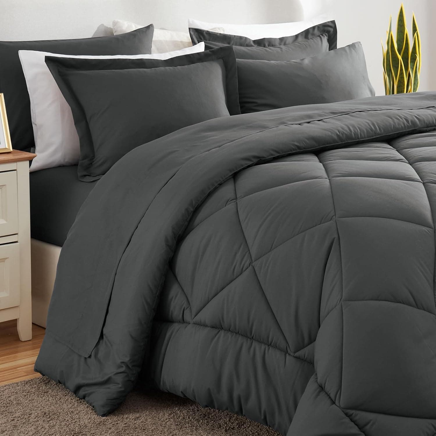 CozyLux Queen Comforter Set Dark Grey - Bed in a Bag Queen Size 7 Pieces, Luxury Soft Bed Set for All Seasons, Bedding Set with Comforter, Sheets, Pillowcases & Shams, Dark Gray, Queen Dark Grey Queen - Image 9