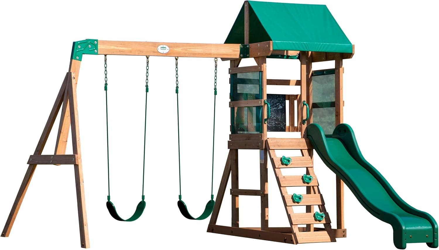 Backyard Discovery Buckley Hill Cedar Wood Swing Set with Wave Slide, Play Deck, Rock Wall Ladder, Belt Swings, Chalkboard, Canopy Roof, Outdoor Playset Green - Image 2