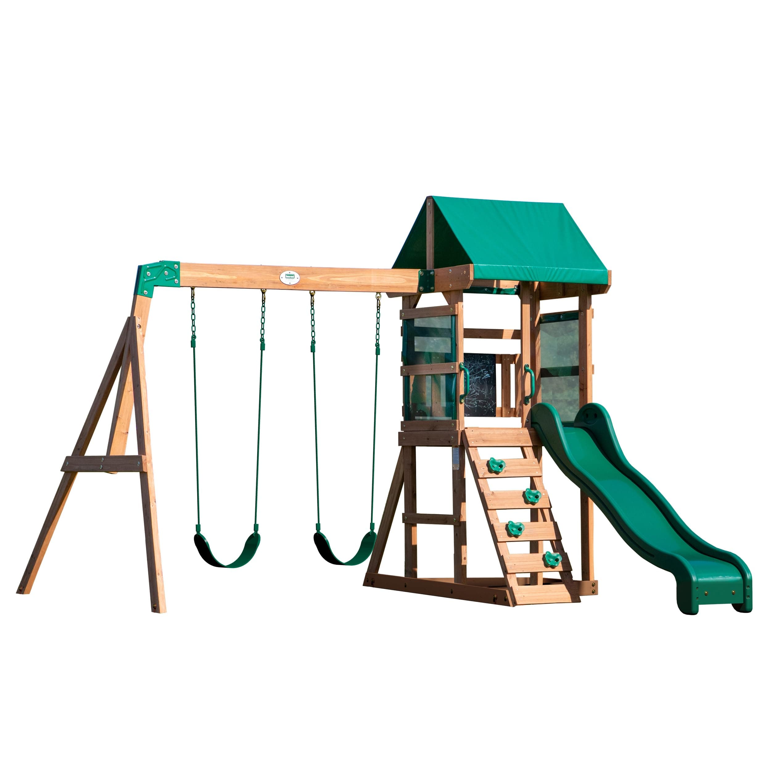Backyard Discovery Buckley Hill Cedar Wood Swing Set with Wave Slide, Play Deck, Rock Wall Ladder, Belt Swings, Chalkboard, Canopy Roof, Outdoor Playset Green