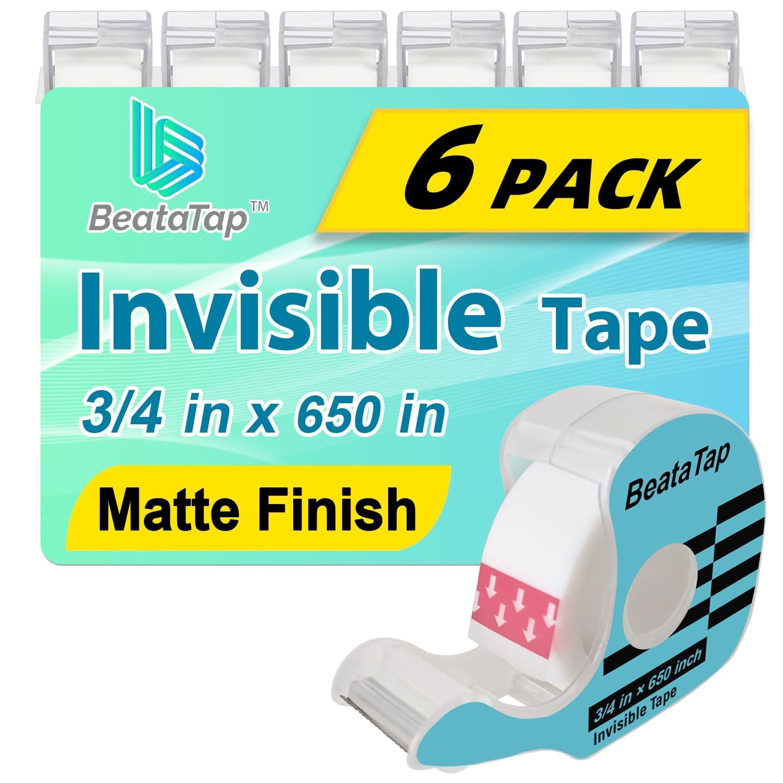 Tape, Invisible Tape for Gift Wrapping, 6 Rolls+6 Refillable Dispensers, Matte Finish, Writable, 3/4″x 650″, Clear Tapes for Christmas Wrapping Paper, Office&School Supplies 3/4″ (6 Pack)