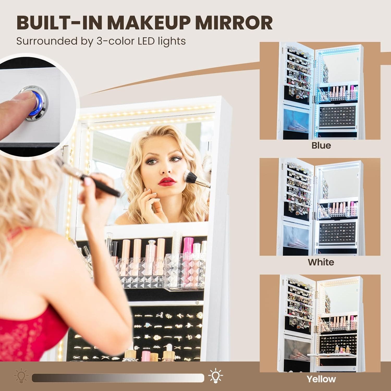 CHARMAID 360° Rotating Jewelry Armoire with LED Lighted Full Length Mirror & Built-in Vanity Mirror, Lockable Standing Jewelry Cabinet with Lights, Large Storage Organizer for Jewelry (White) White 63"H with LED Mirror - Image 6