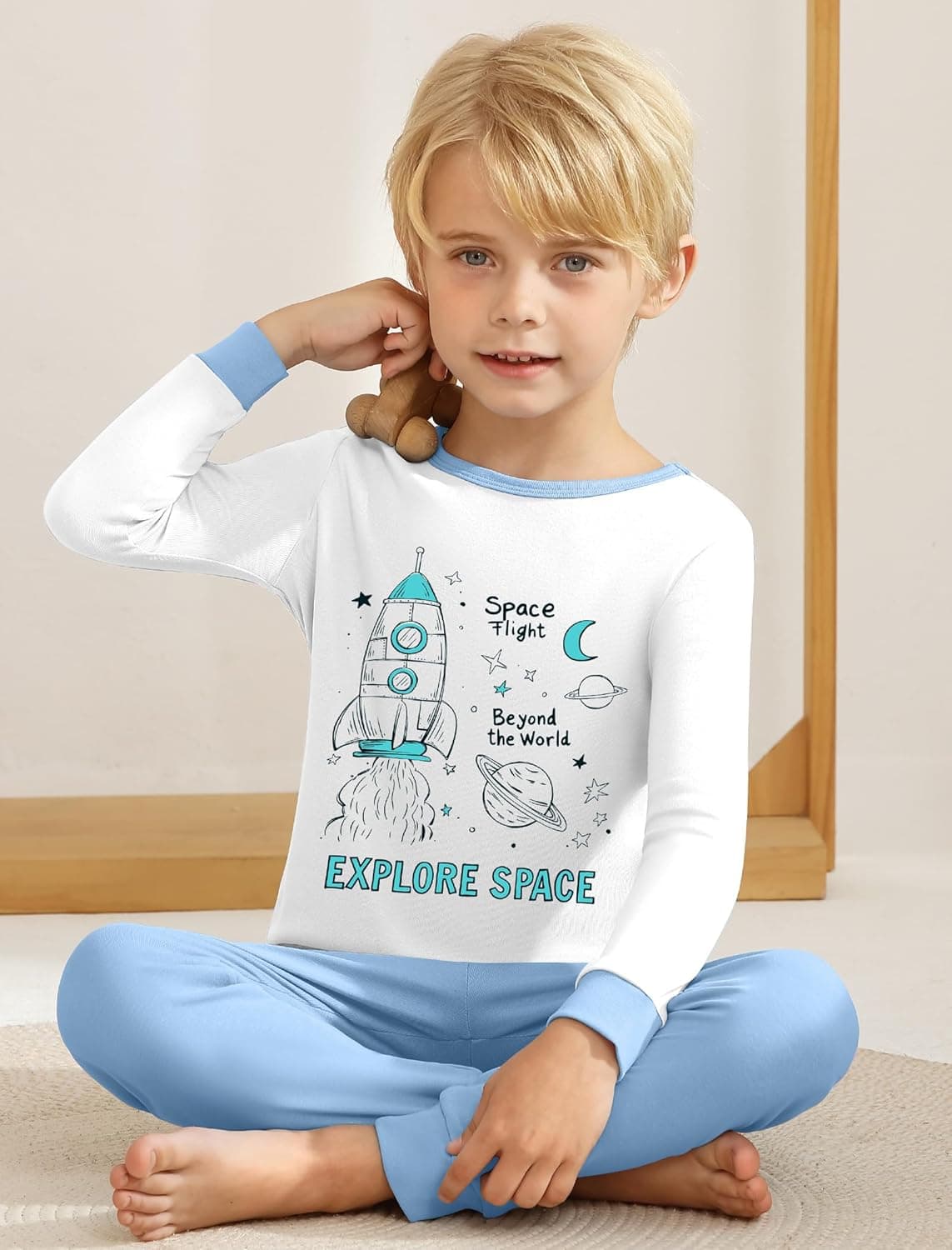 Mikrdoo Boys Pajamas 4-Piece Set Long Sleeve Cotton Stretch Breathable & Soft Snug Fit Sleepwear for Kids 2-12Years White&blue Spaceship 7 Years - Image 7