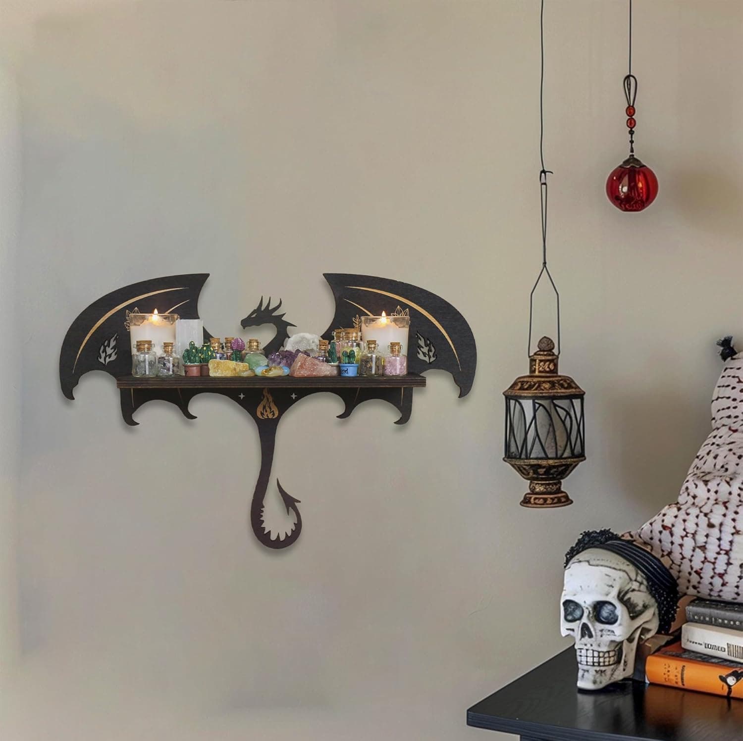 Gothic Evil Dragon Decor Crystal Display Shelf for Wall, Wooden Witchy Shelf Rock Display Case Knick Knack Organizer Trinket Holder, Wall Hanging Shelves for Essential Oil & Nail Polish - Image 3