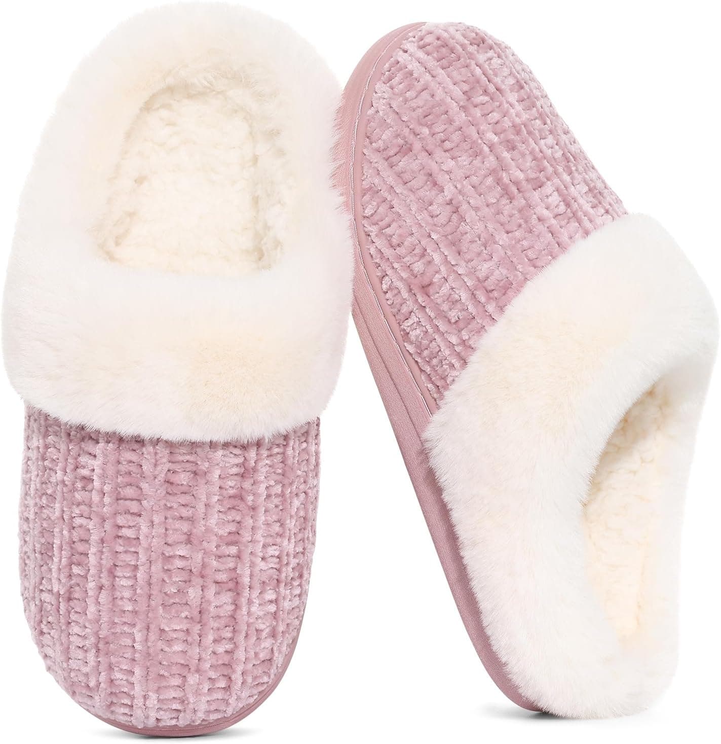 Evshine Warm Knit House Slippers for Women Comfy Wool-Like Lined Chenille Slippers with Memory Foam and Indoor Outdoor Soles 8-9 Pink - Image 2
