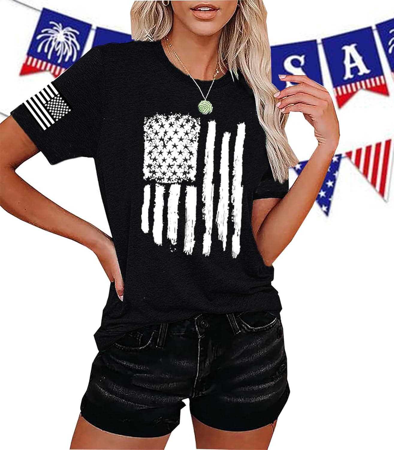 American Flag Patriotic T-Shirt for Women 4th of July Shirts Graphic Tees USA Flag Short Sleeve Shirt Tops Black-4 Medium - Image 3