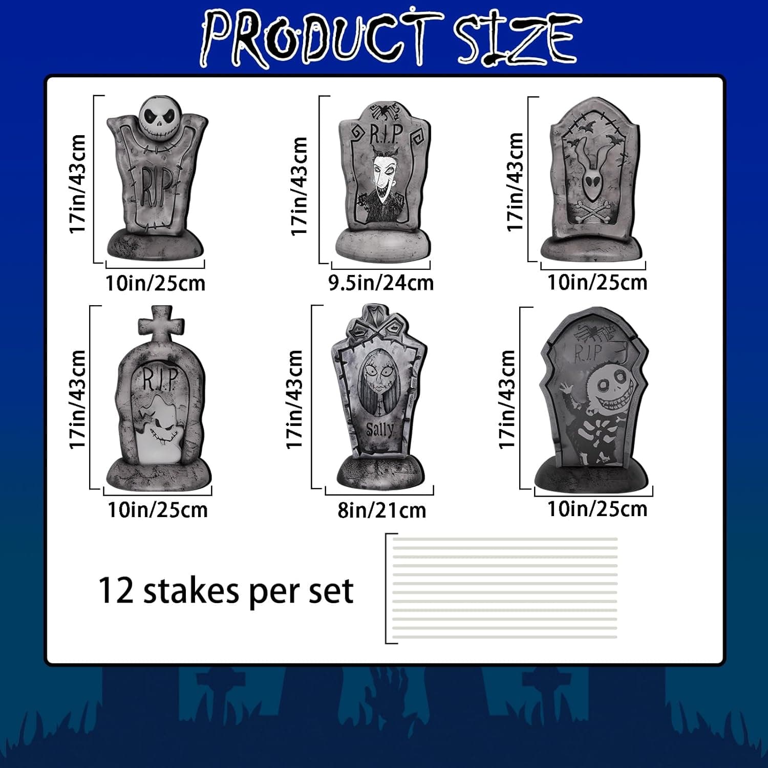 17 Inch Halloween Yard Signs Tombstones for Graves Decor Set with Stakes. Nightmare Before Christmas Inspired, Halloween Gravestones Outdoor Decorations Scary Decoration Displays for Party - Image 3