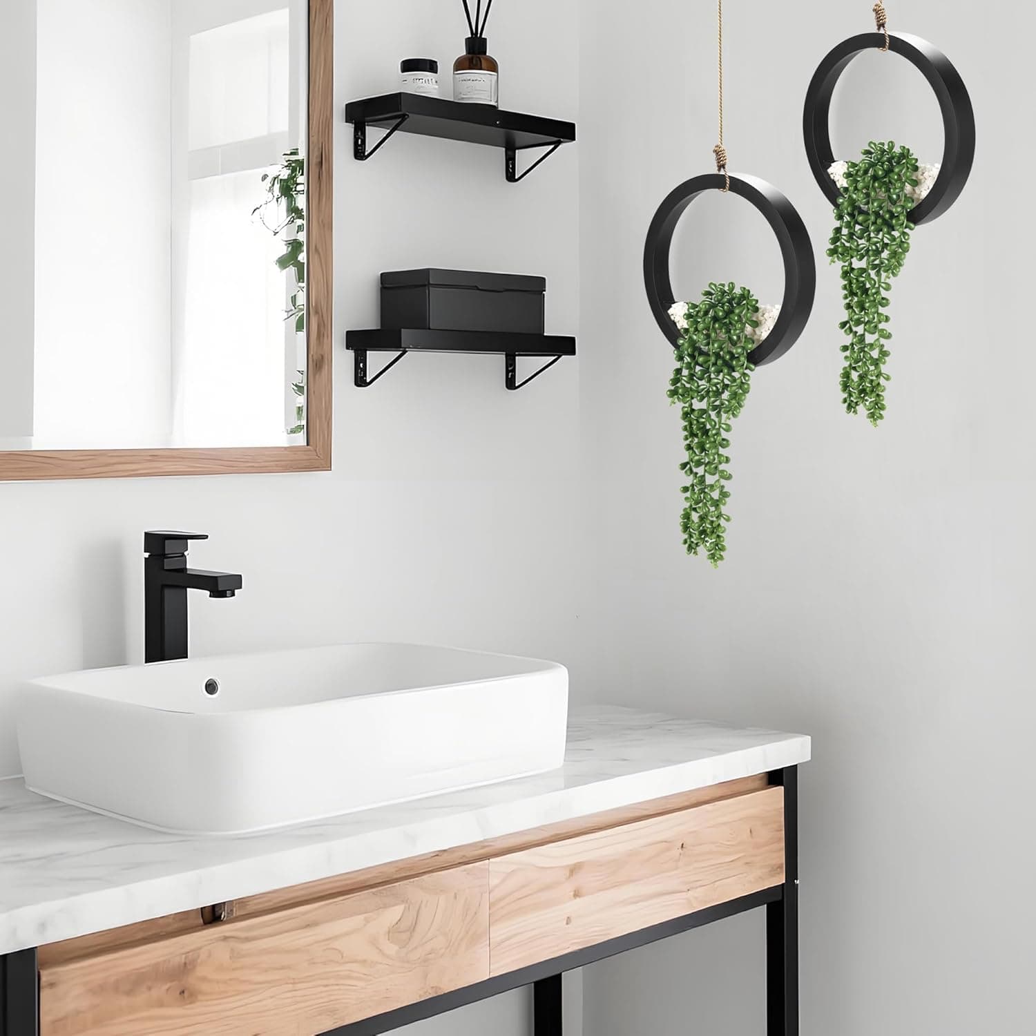 Der Rose 2包假植物悬挂式人造多肉植物，黑色花盆，适合客厅和浴室配饰，波西米亚农舍墙面装饰 - Image 5