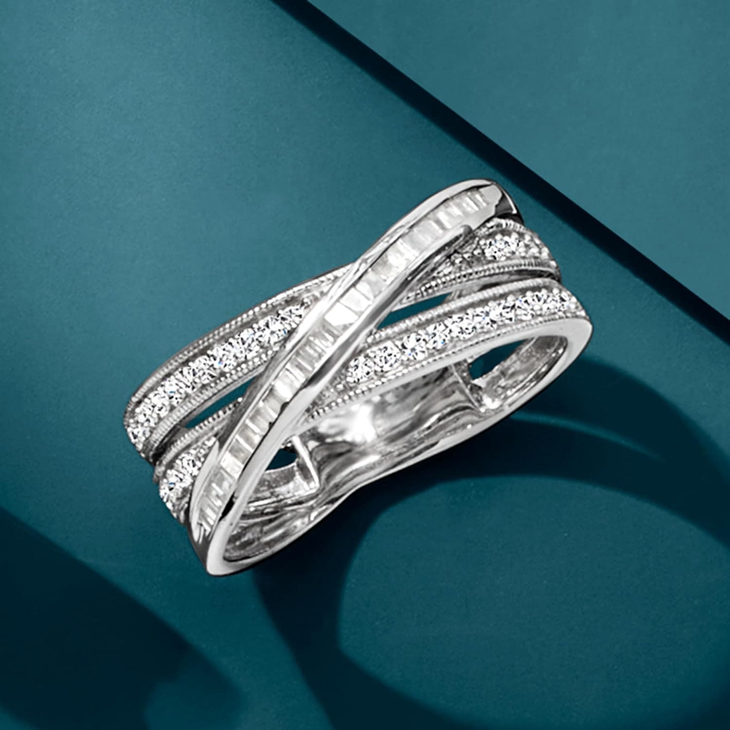 Ross-Simons 0.33 ct. t.w. Round and Baguette Diamond Crisscross Ring in Sterling Silver 7 Diamond - Image 5