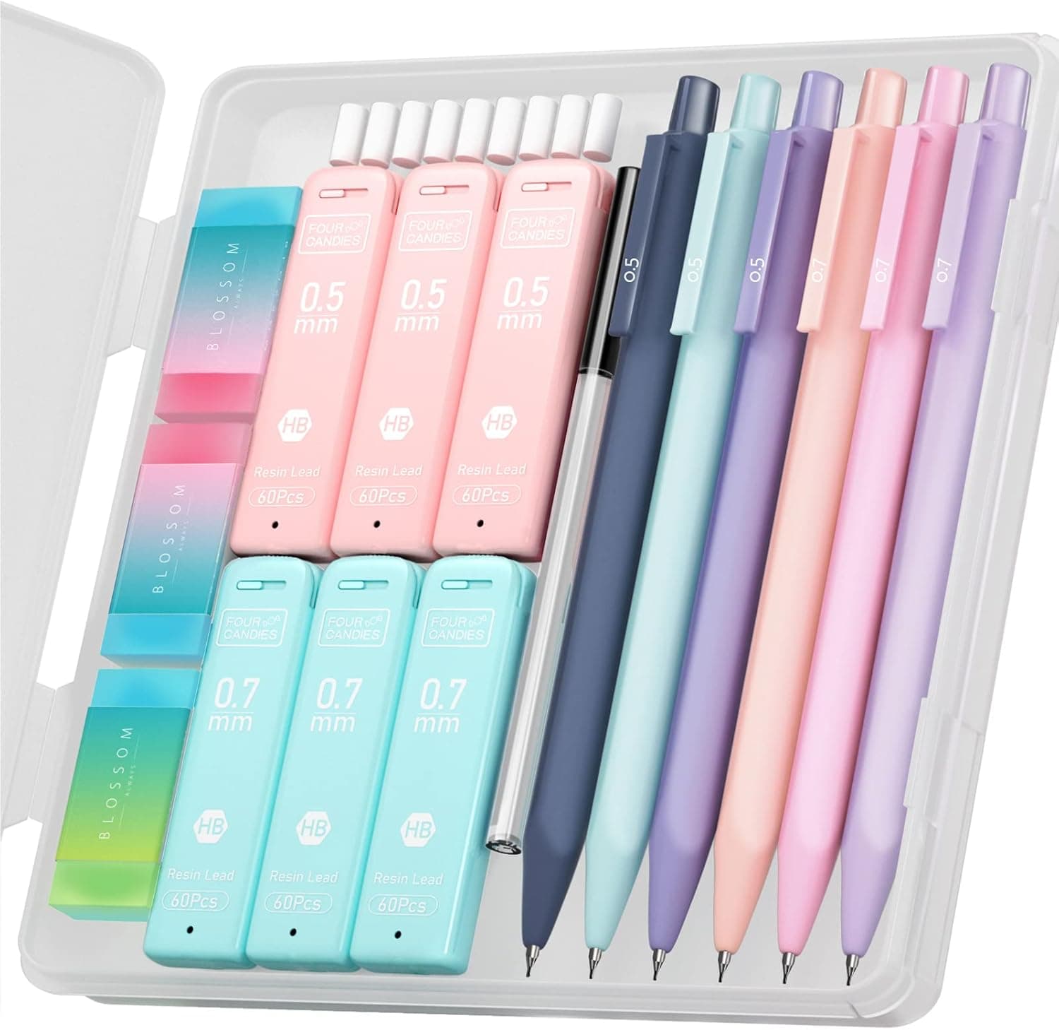 Four Candies Cute Mechanical Pencil Set, 6PCS Pastel Mechanical Pencils 0.5 & 0.7mm with 360PCS HB Leads, 3PCS Erasers and 9PCS Eraser Refills, Aesthetic School Supplies for Girls Writing 0.5mm + 0.7mm - Image 2