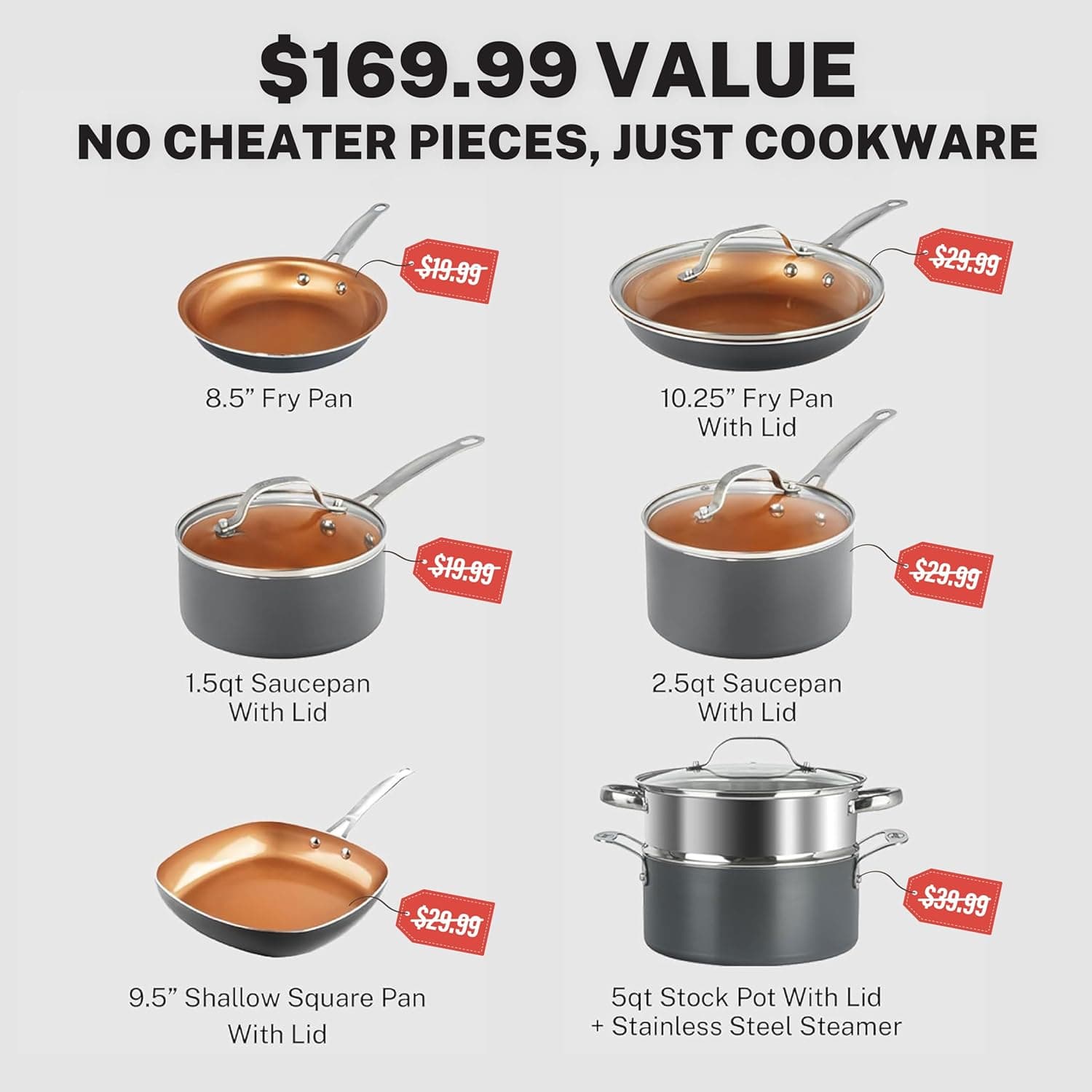 Gotham Steel 12 Pc Ceramic Cookware Set Nonstick, Ceramic Pots and Pans Set Non Stick with Steamer for Cooking, Non Toxic PFOA PFOS Free, Ergonomic Stay Cool Handles, Oven & Dishwasher Safe, Copper 12 Piece Set - Image 3