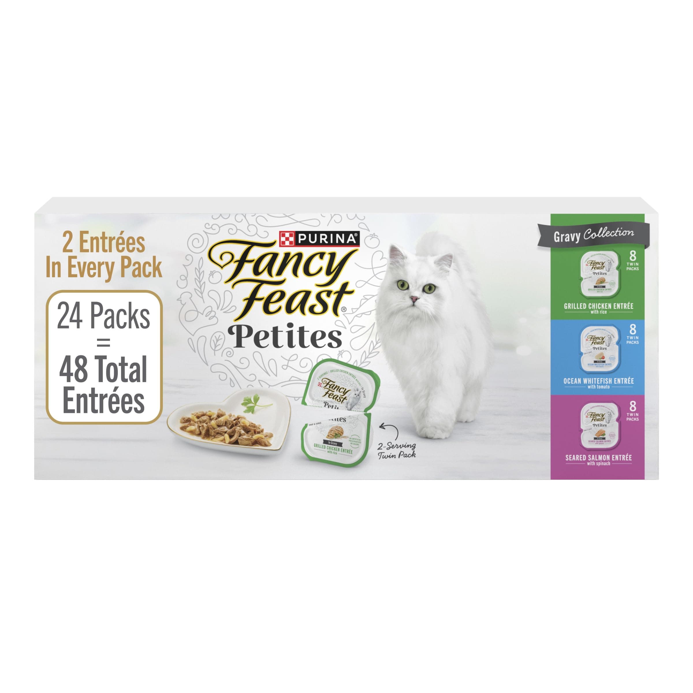 Purina Fancy Feast Gourmet Wet Cat Food Variety Pack, Petites Gravy Collection, break-apart tubs, 48 servings - (Pack of 24) 2.8 oz. Tubs Variety Pack: Gravy Collection 1 Count (Pack of 24)