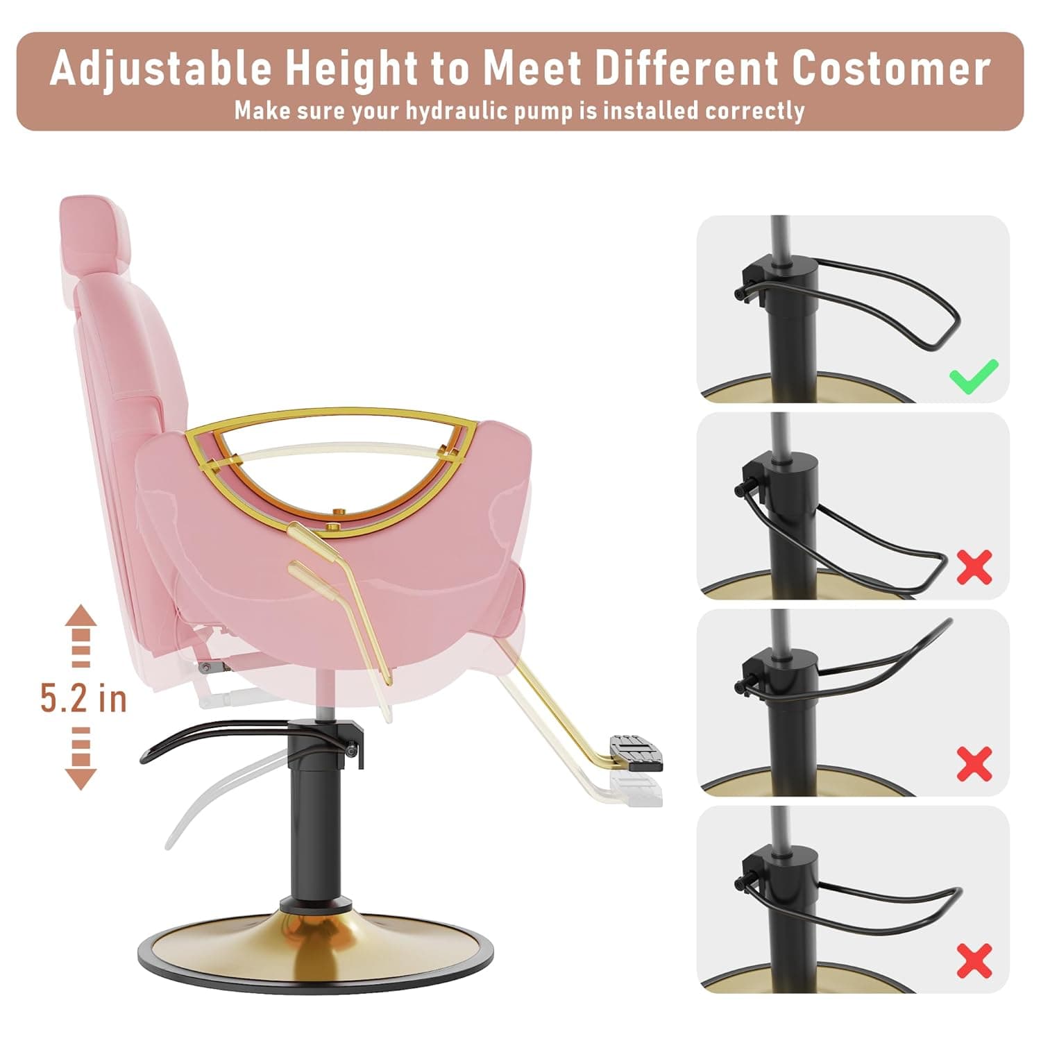 Barber Chair for Hair Stylist, Height Adjustable Hydraulic Hair Reclining Salon Chair, 360 Degrees Rotation, Multi-Function Shampoo Chair for Salon Barbershop (Modern Pink) - Image 6