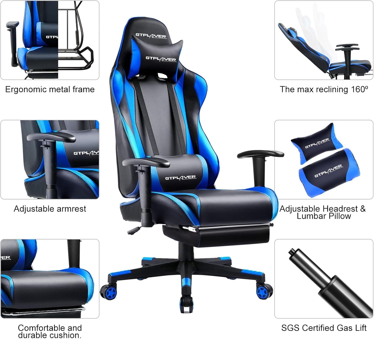 GTPLAYER Gaming Chair with Footrest, Ergonomic Computer Game Desk Chair, Reclining Gamer Chair Seat Height Adjustment, Swivel Rocker with Headrest and Lumbar (Blue) Oceanblue - Image 6