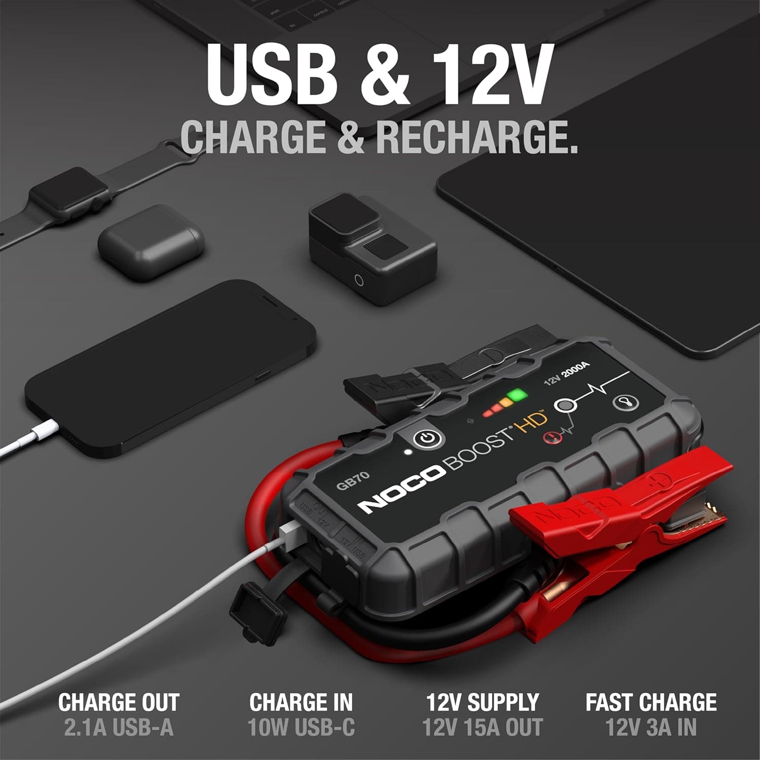 NOCO Boost GB70: Arrancador de Batería UltraSeguro de 2000A – Paquete de Batería de Litio de 12V, Caja de Arranque Portátil, Banco de Energía y Cables de Arranque - para Motores de Gasolina de 8.0L y Motores Diésel de 6.0L - Image 4