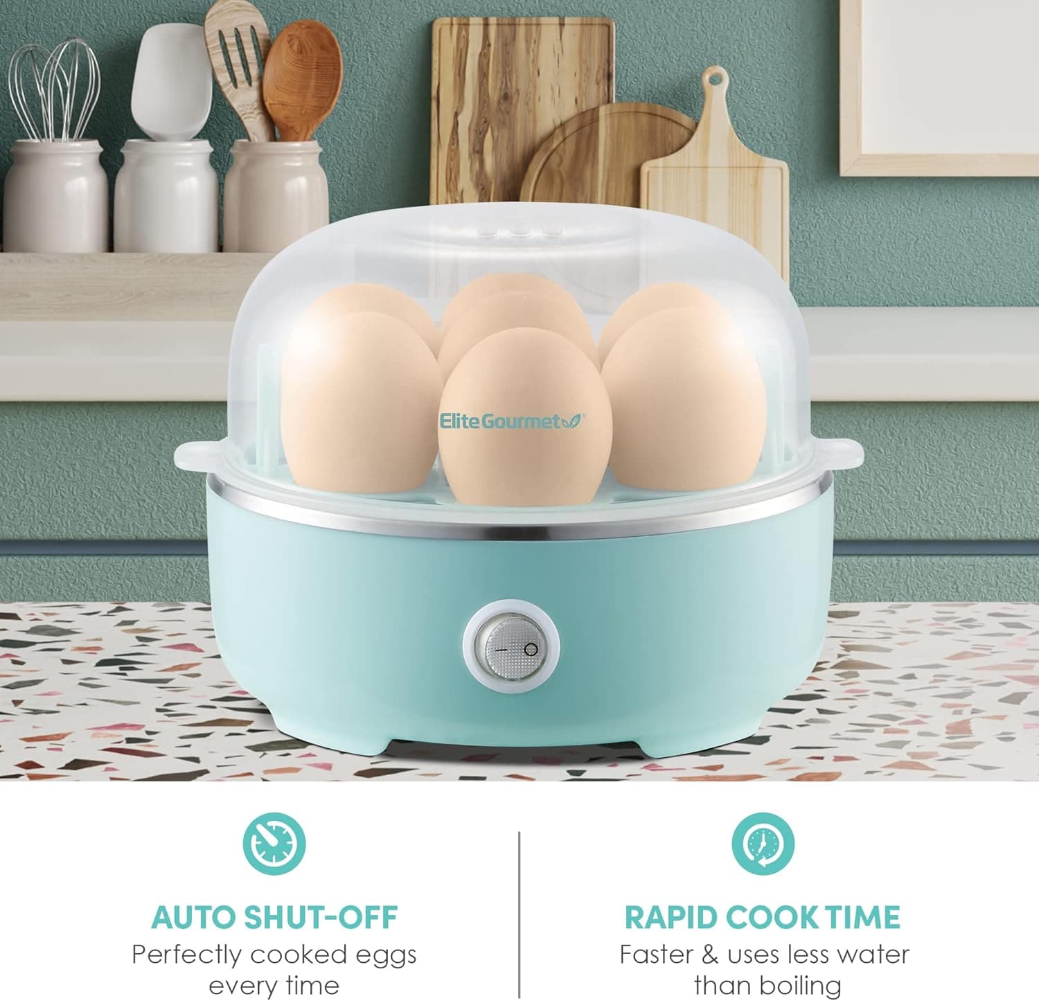 Elite Gourmet EGC115M Easy Egg Cooker Electric 7-Egg Capacity, Soft, Medium, Hard-Boiled Egg Cooker with Auto Shut-Off, Measuring Cup Included, BPA Free, Retro Mint 7 Egg Retro Mint - Image 4