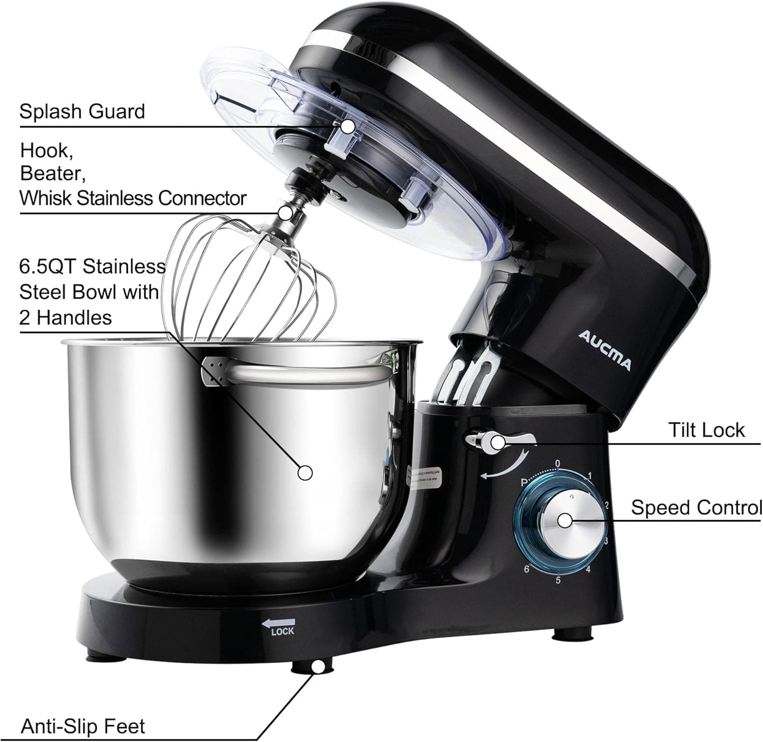 Aucma Stand Mixer,6.5-QT 660W 6-Speed Tilt-Head Food Mixer, Kitchen Electric Mixer with Dough Hook, Wire Whip & Beater (6.5QT, Black) 6.5QT Black - Image 3