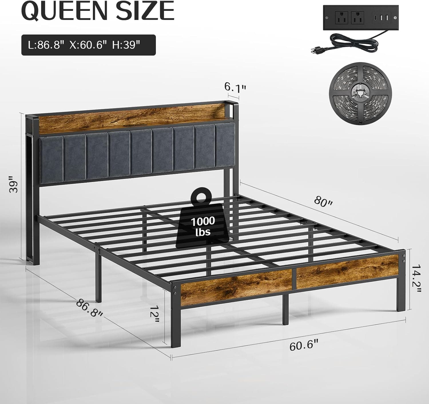 Queen Bed Frame with Headboard, Metal Platform Bed with Smart LED Lights and USB Charging Station, Easy Assembly, No Box Spring Needed Queen (U.S. Standard) - Image 3