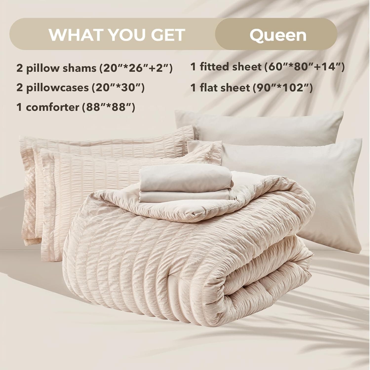 HYMOKEGE Beige Queen Comforter Set Seersucker 7 Pieces, All Season Luxury Bed in a Bag for Bedroom, Bedding Set with Comforters, Sheets, Pillowcases & Shams Queen(88"x 88") Beige - Image 6