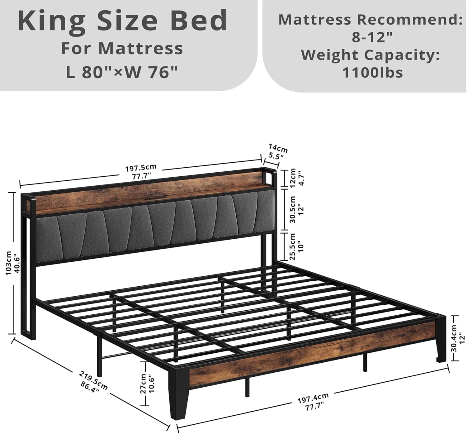 LIKIMIO King Size Bed Frame, Storage Headboard with Charging Station, Solid and Stable, Noise Free, No Box Spring Needed, Easy Assembly King Vintage Brown and Grey - Image 3