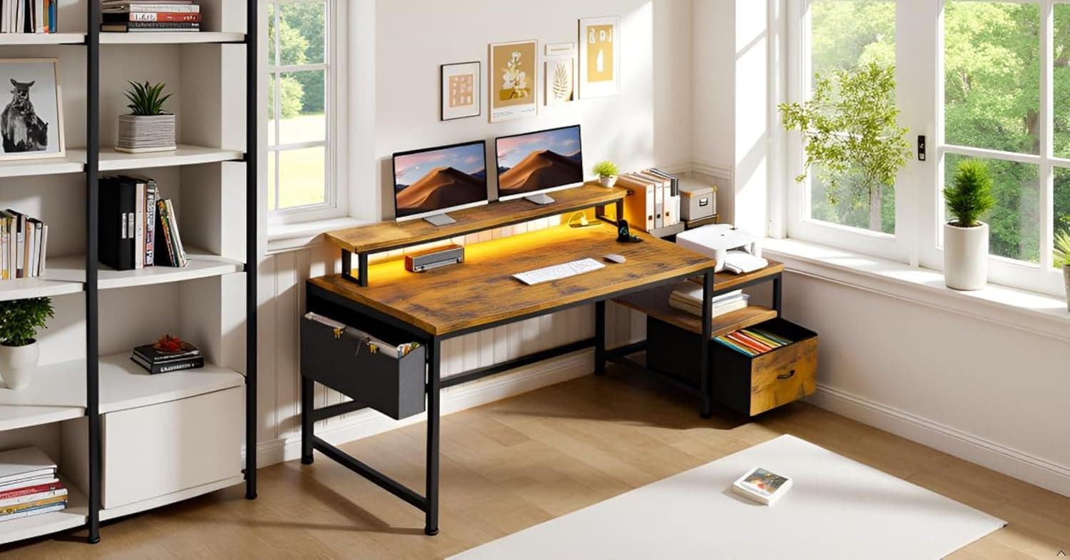 EnHomee 57" Office Desk with Drawers and Printer Space,Computer Desk with Power Outlets,Home Office Desks with File Drawers Cabinet,Study and Gaming Desk with Shelves Monitor Stand,Rustic Brown - Image 10