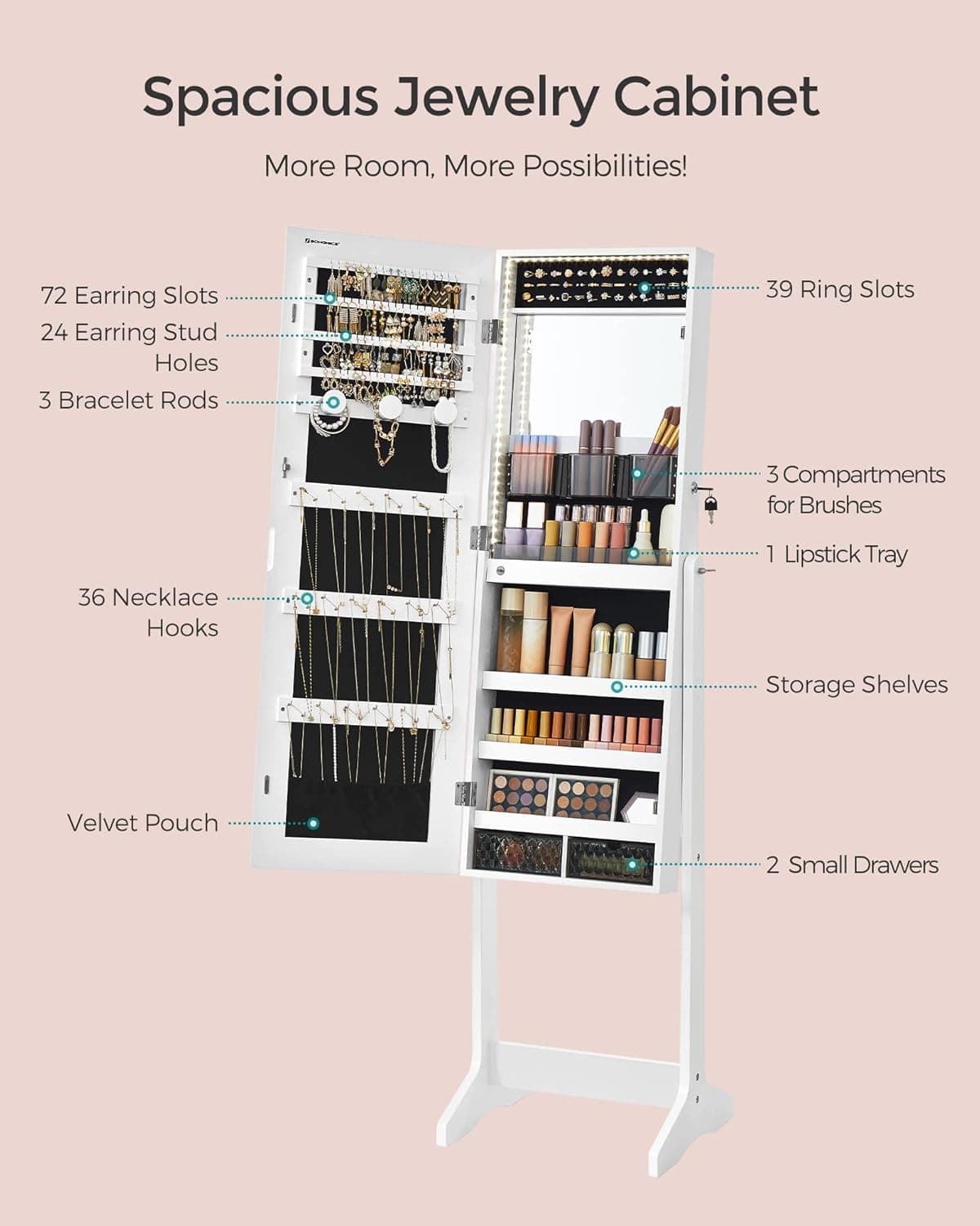 SONGMICS Mirror Jewelry Cabinet Standing Armoire Organizer, Jewelry Storage with Full-Length Frameless LED Lights, Built-in Makeup Mirror, 2 Drawers, Lockable, White UJJC023W01 - Image 5