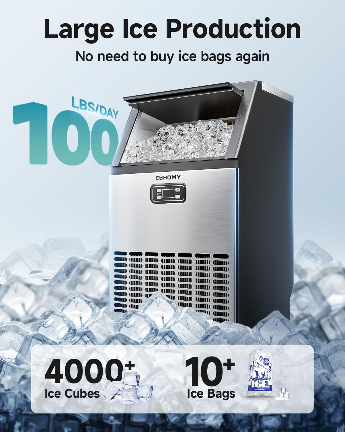 EUHOMY Commercial Ice Maker Machine, 100lbs/24H Stainless Steel Under Counter ice Machine with 33lbs Ice Storage Capacity, Freestanding Ice Maker. - Image 3