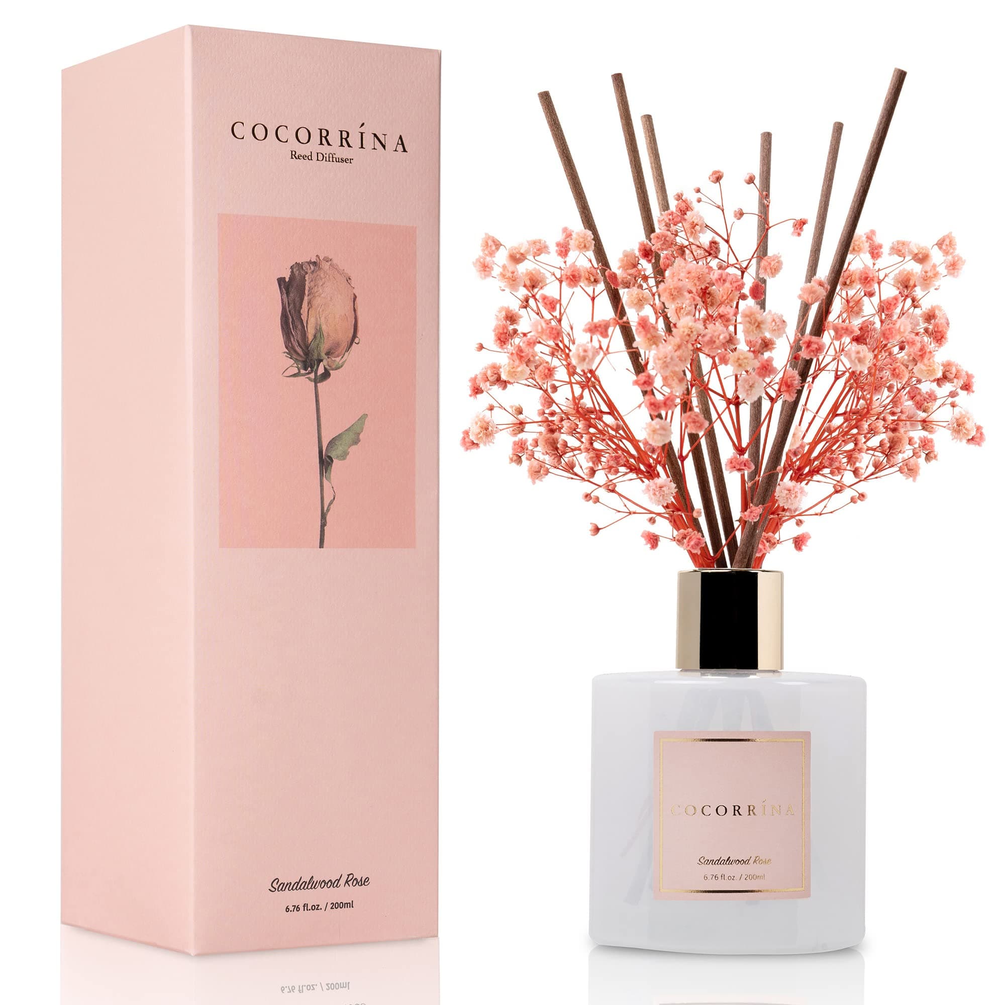 Cocorrína Premium Reed Diffuser Set with Preserved Baby's Breath & Cotton Stick Sandalwood Rose | 6.7oz Scent Fragrance Oil Diffuser for Bedroom Bathroom Home Décor Sandalwood Rose Flower/6.7 Ounce/1pack