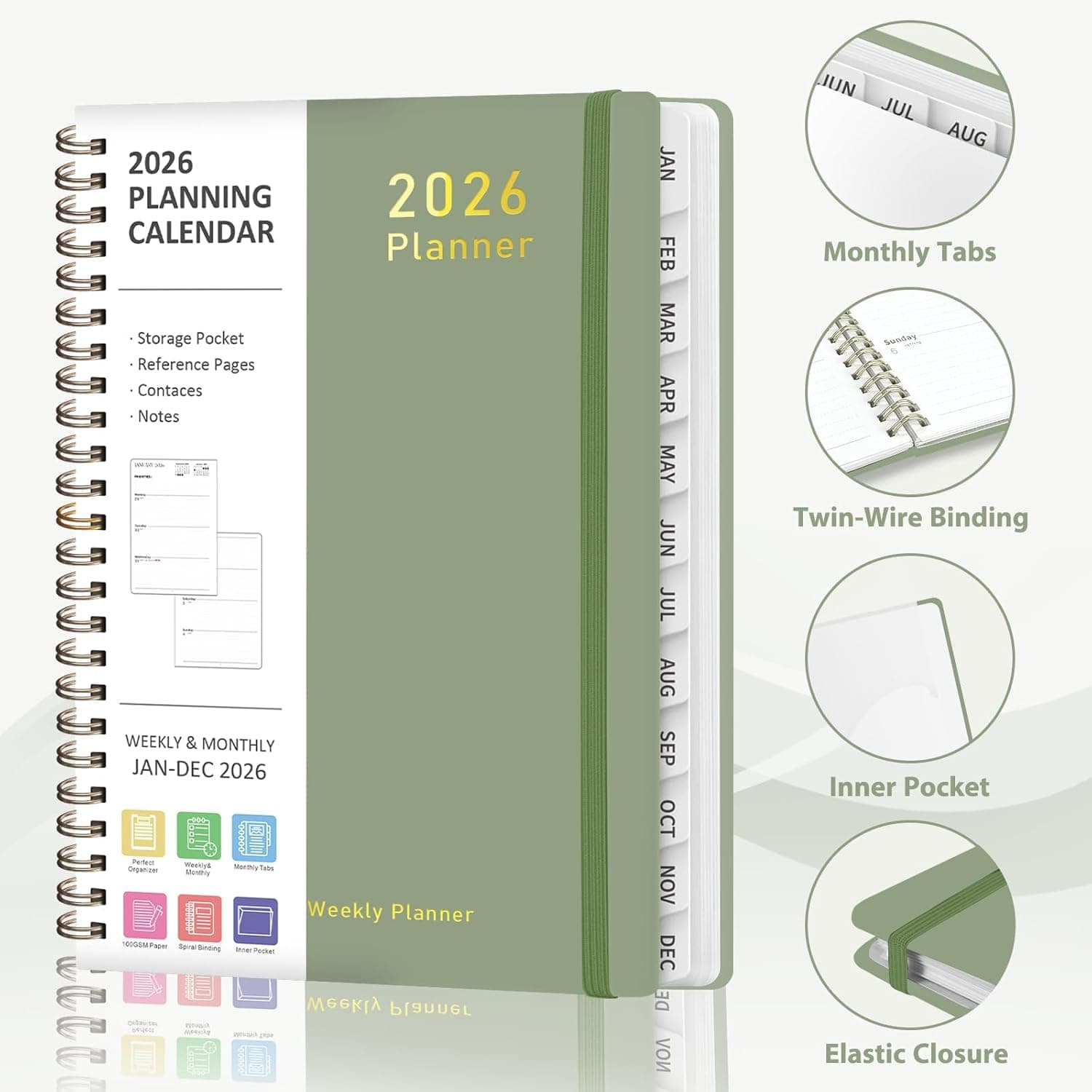 2026 Planner, Weekly and Monthly Calendar Academic Planner, Jan 2026 - Dec 2026, Planning Agenda Book for Desk Accessories and School Supplies - A5 (6.3'' x 8.5'') Green 6.3"x8.5"(Jan 2026-Dec 2026） - Image 4