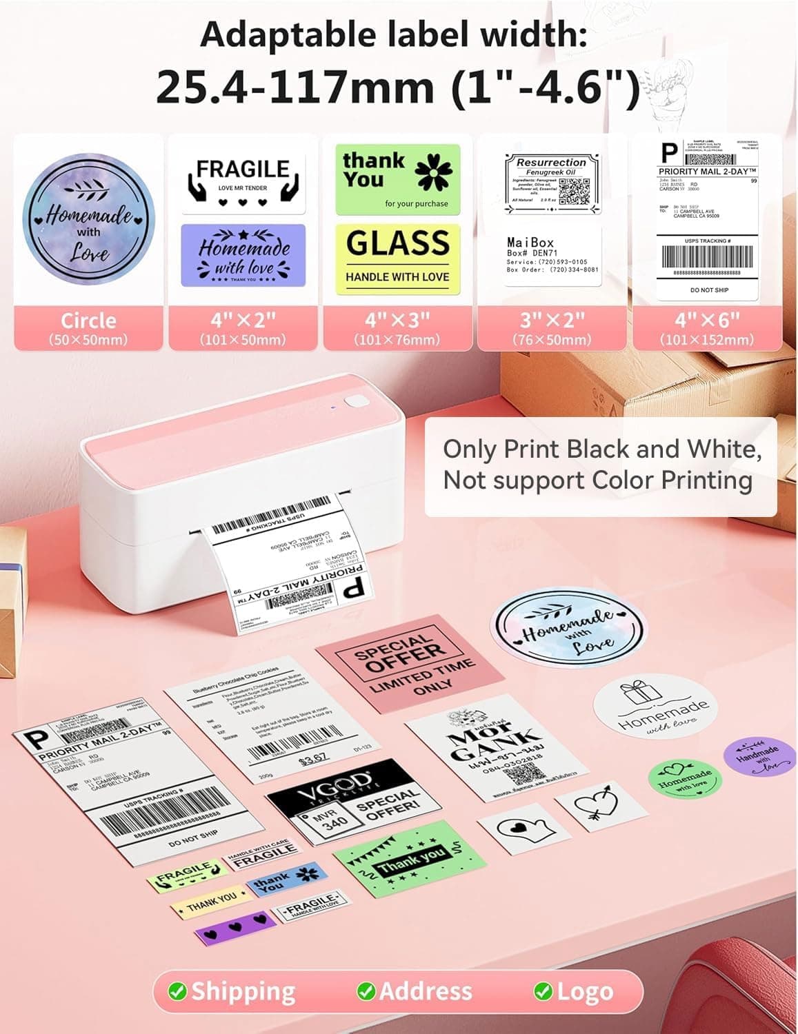Phomemo Bluetooth Thermal Label Printer, 241BT 4X6 Wireless Shipping Labels Printer for Small Business, Pink Label Printers for Shipping Package, Compatible with iPhone, Android, Amazon, Shopify, USPS - Image 5