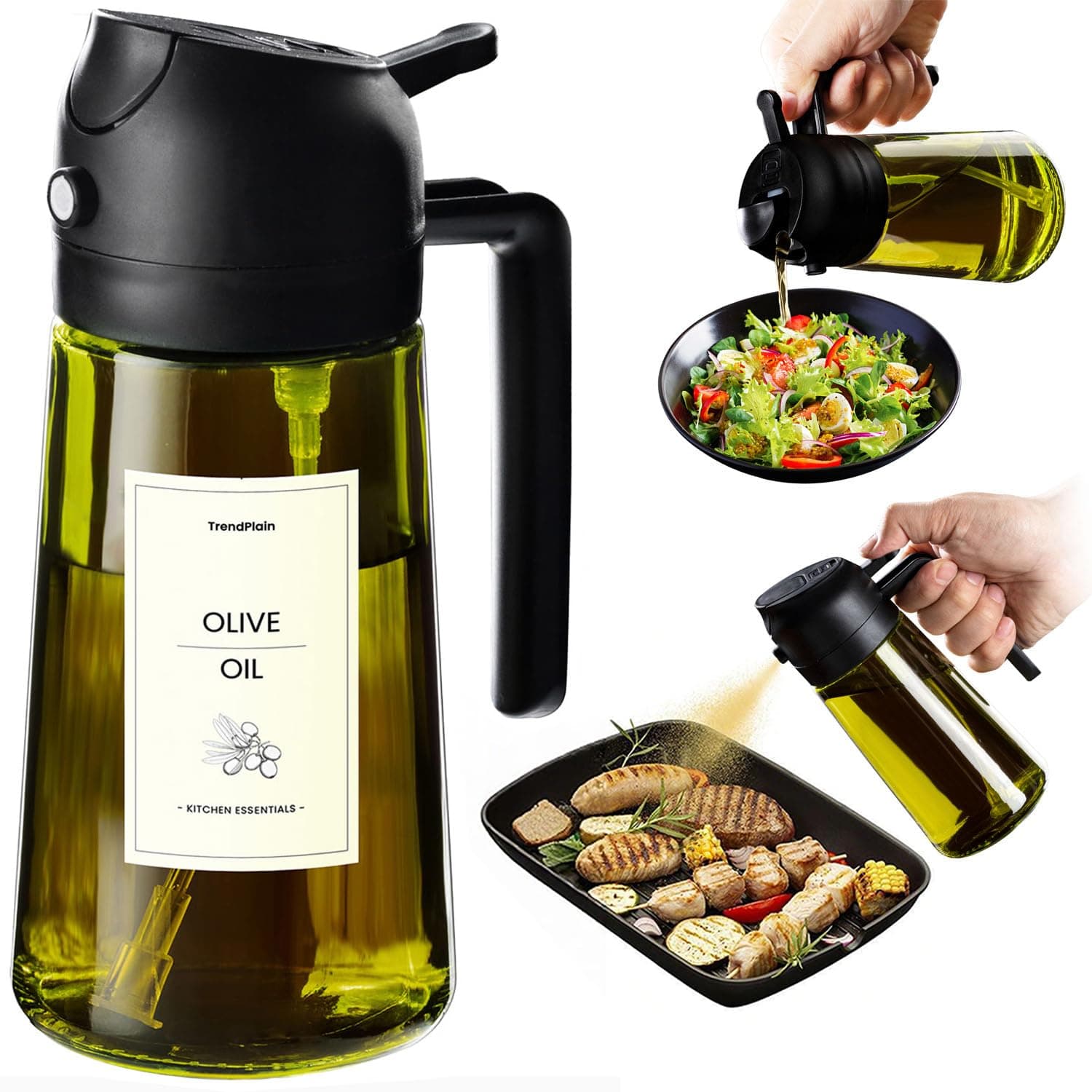 TrendPlain - Original 16oz/470ml Olive Oil Dispenser Bottle for Kitchen Gadgets and Air Fryer Accessories - Olive Oil Sprayer for Cooking w/Stickers - Black 1 Pack Black