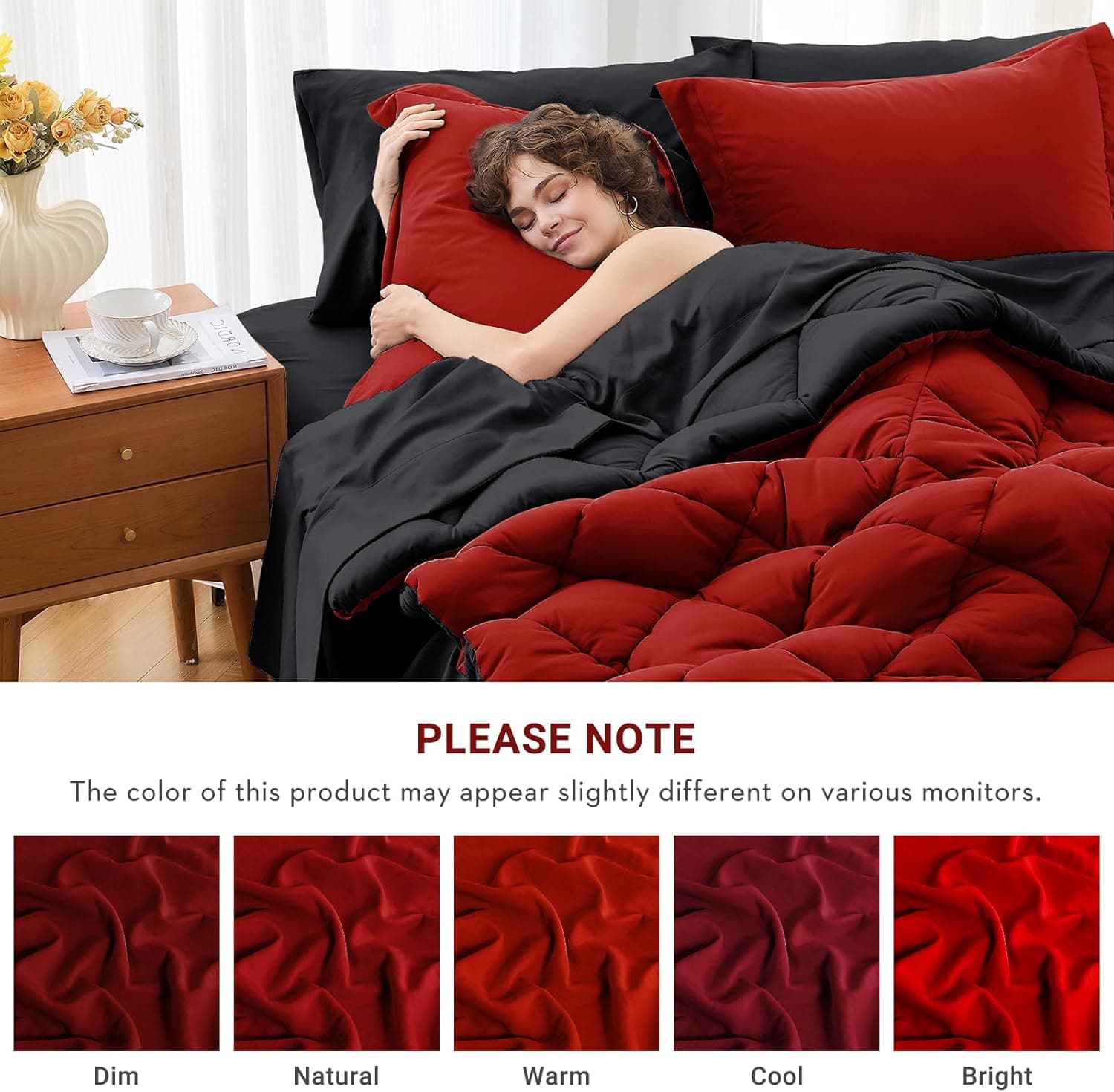 MUXHOMO 7 Pieces Queen Comforter Set, Reversible Bed in a Bag Queen Size, All Season Bedding Set with Comforter, Flat Sheet, Fitted Sheet, Pillowcases & Shams, Red & Black Queen (88"x88") 01 - Red/Black - Image 5