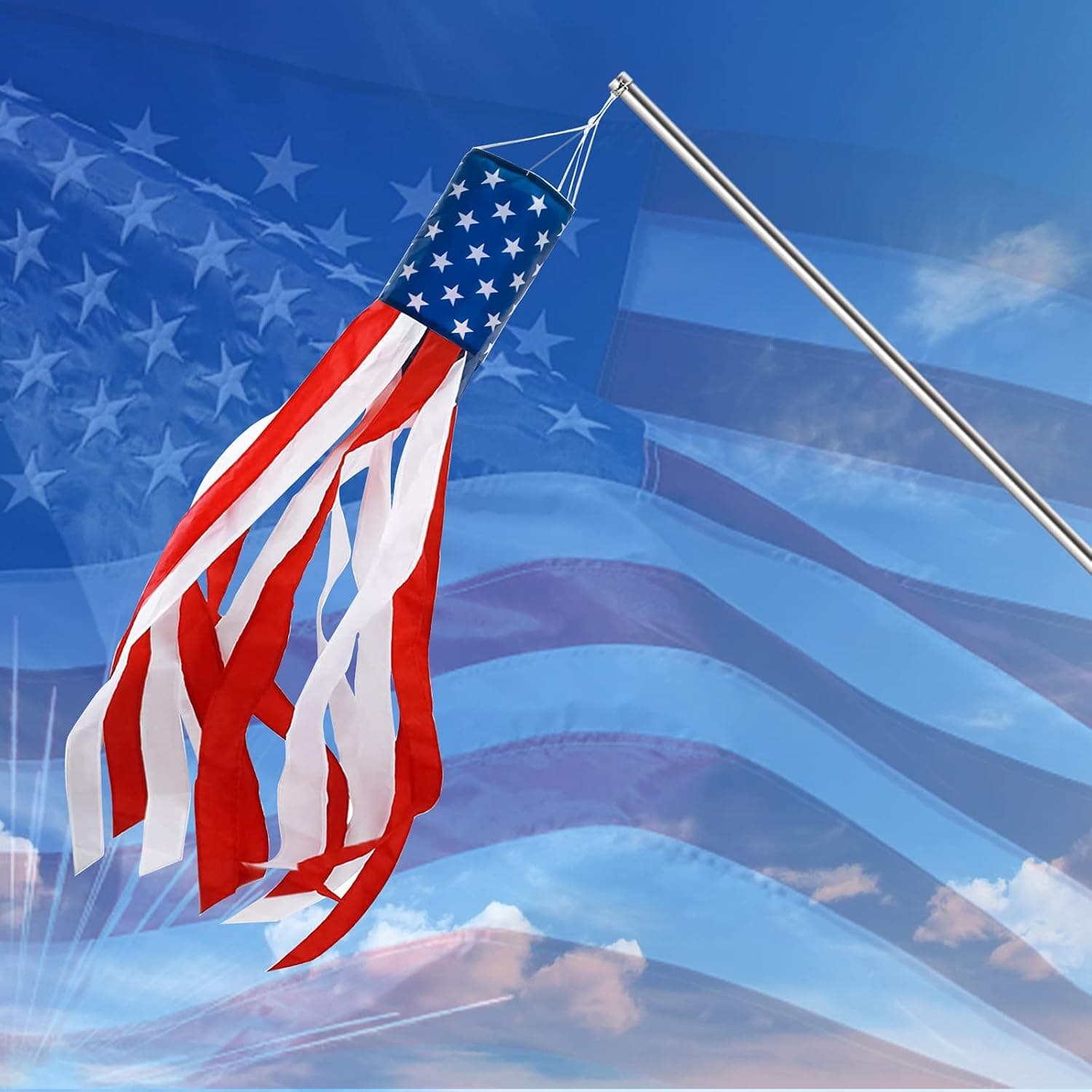 4th of July Decor,Set of 2 American Flag Windsock 60 Inch,Yard/Garden Clearance Outdoor Decorations Hanging,Wind Socks Hanging with Embroidered Stars Stripes,Fourth of July USA Patriotic Decoration - Image 4
