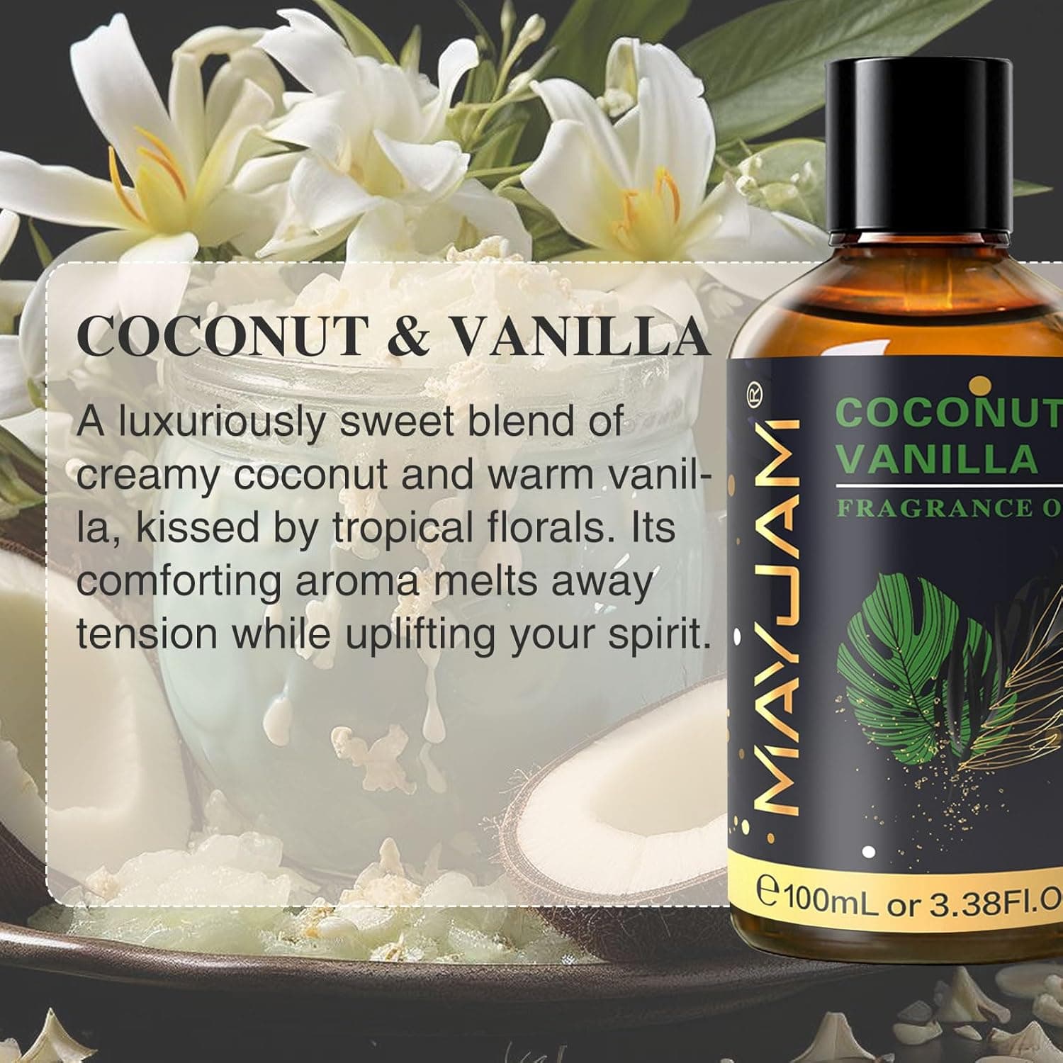 MAYJAM 100ML/3.38FL.OZ Coconut & Vanilla Fragrance Oils with Glass Dropper, Essential Oils for Diffusers for Home, Long Lasting Scented Oils for Diffusers Soap Candle Making Coconut & Vanilla 3.38 Fl Oz (Pack of 1) - Image 3