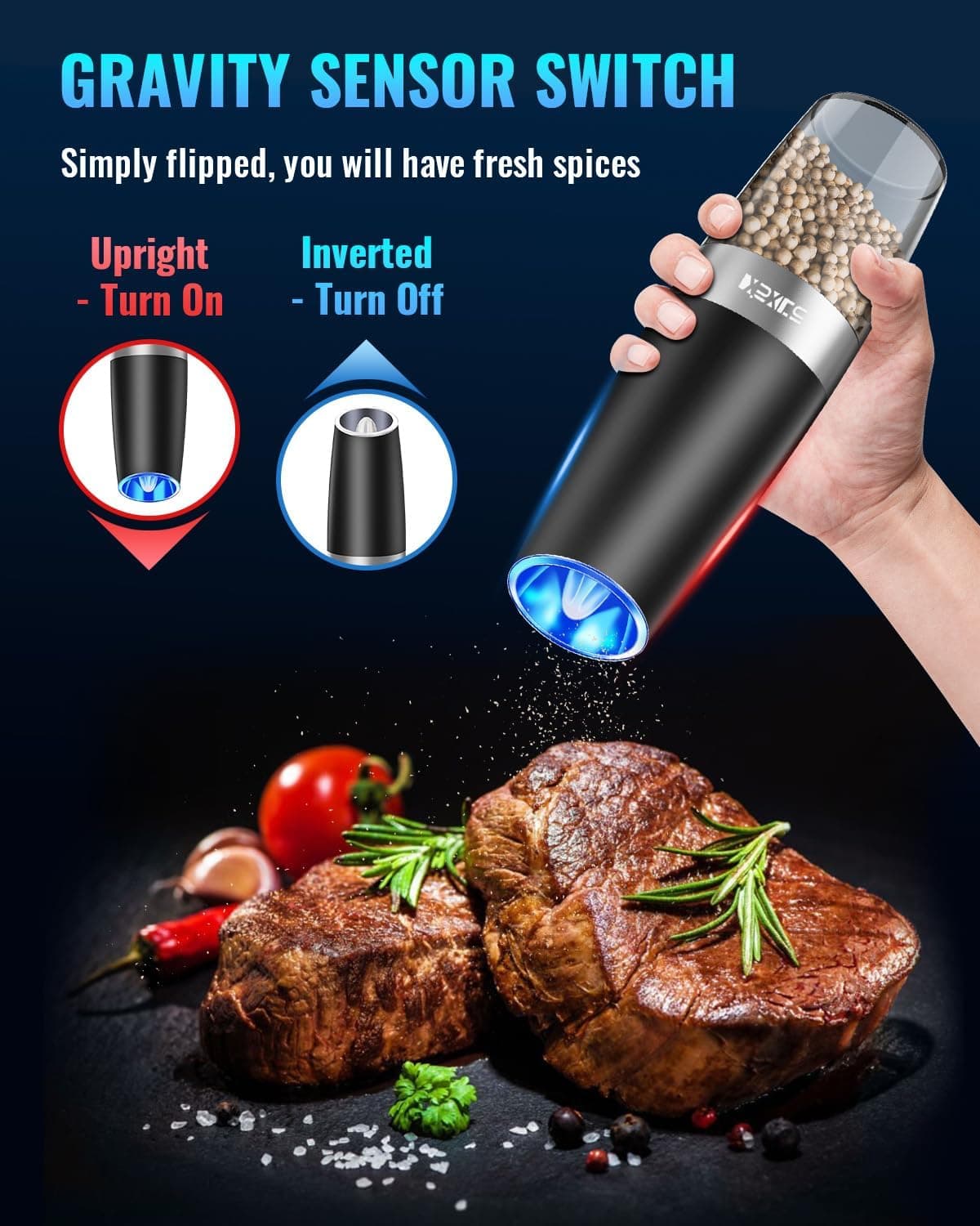 XinXu Gravity Electric Pepper and Salt Grinder Set, Adjustable Coarseness, Battery Powered with LED Light, One Hand Automatic Operation, Black -2 Pack L Set/Black - Image 3