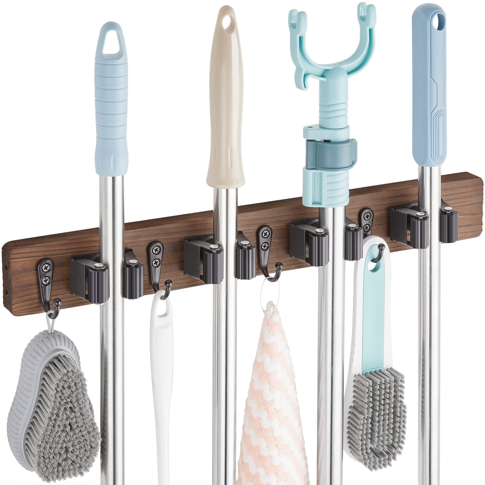 Mop and Broom Holder Wall Mount - Rustic Wood Broom Mop Hanger - Wall Mounted Garden Tool Rack Organizer for Closet Garage Laundry Room Kitchen Decor With 4 Slots & 4 Hooks Brown-4 Slots