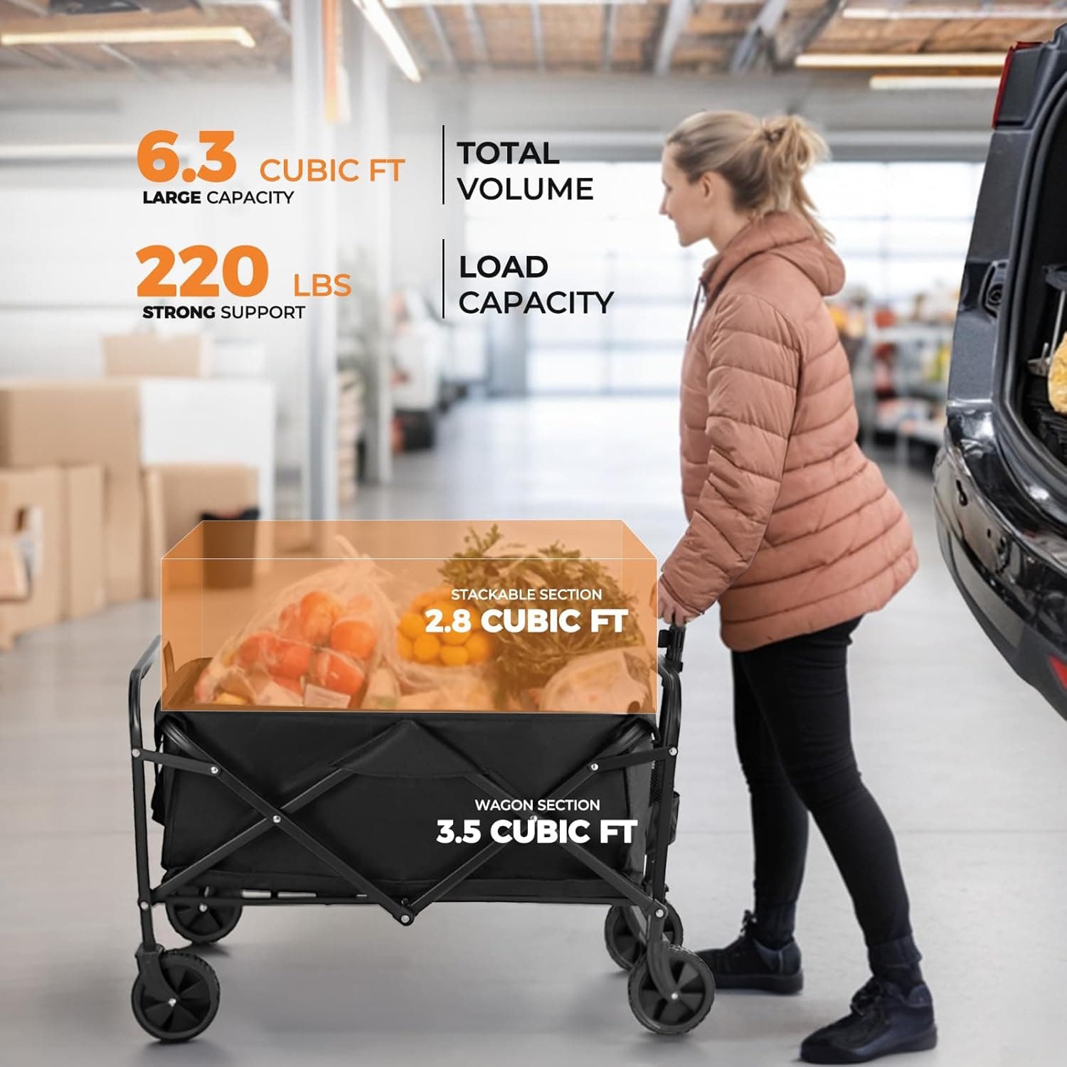 PASAMIC Collapsible Wagon 220 lbs, Heavy Duty Wagon Carts Foldable, Portable Wagons for Groceries, Beach Cart with All-Terrain Wheels & Drink Holders, Utility Wagon for Shopping, Sports, Camping,Black - Image 2