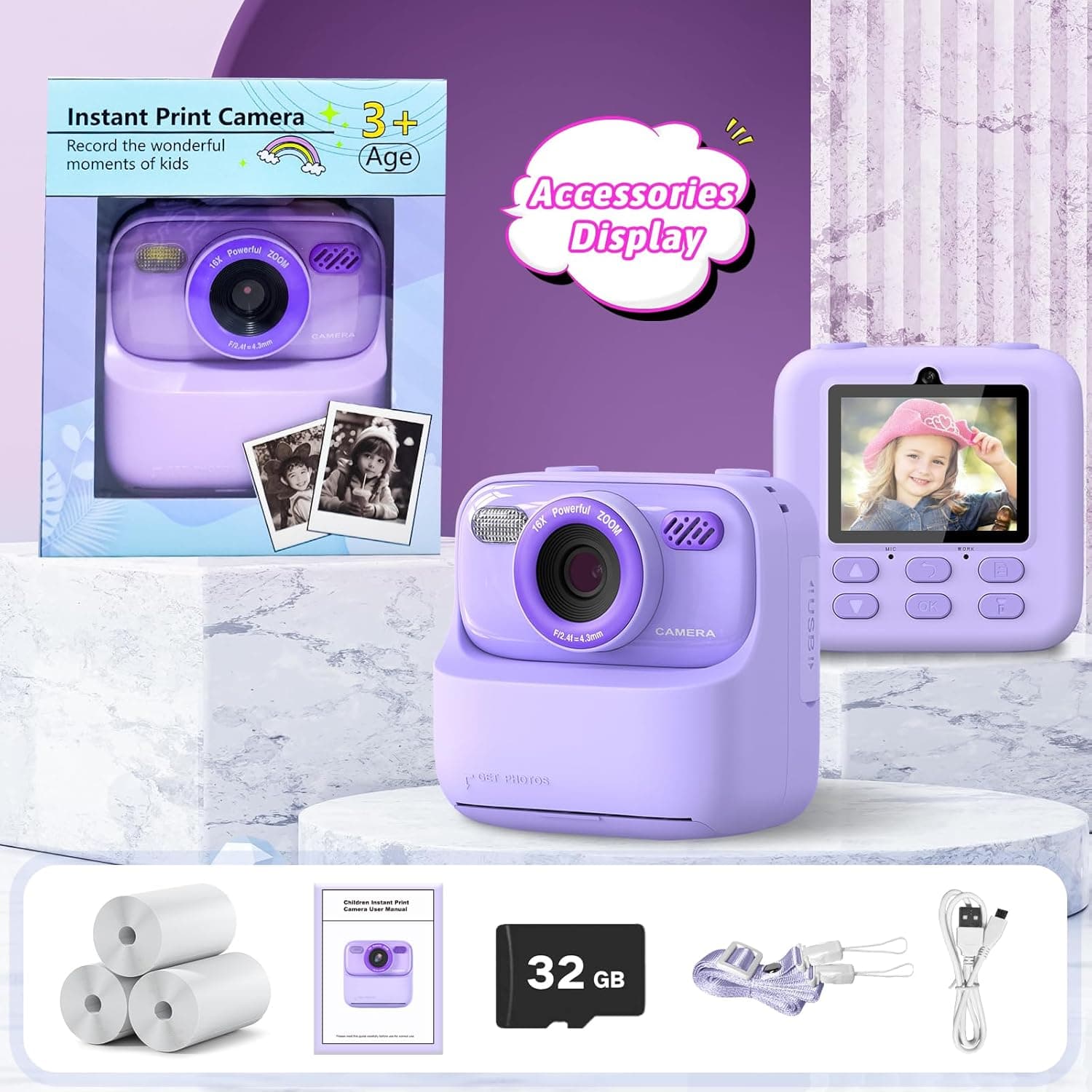 Kids Instant Digital Cameras for Boys and Girls, 1080P HD Dual-Lens Selfie Digital Camera with Print Paper & 32G Card, Christmas Birthday Gifts Toys for Toddler and Teenagers Age 3-16 Years Old Purple - Image 7