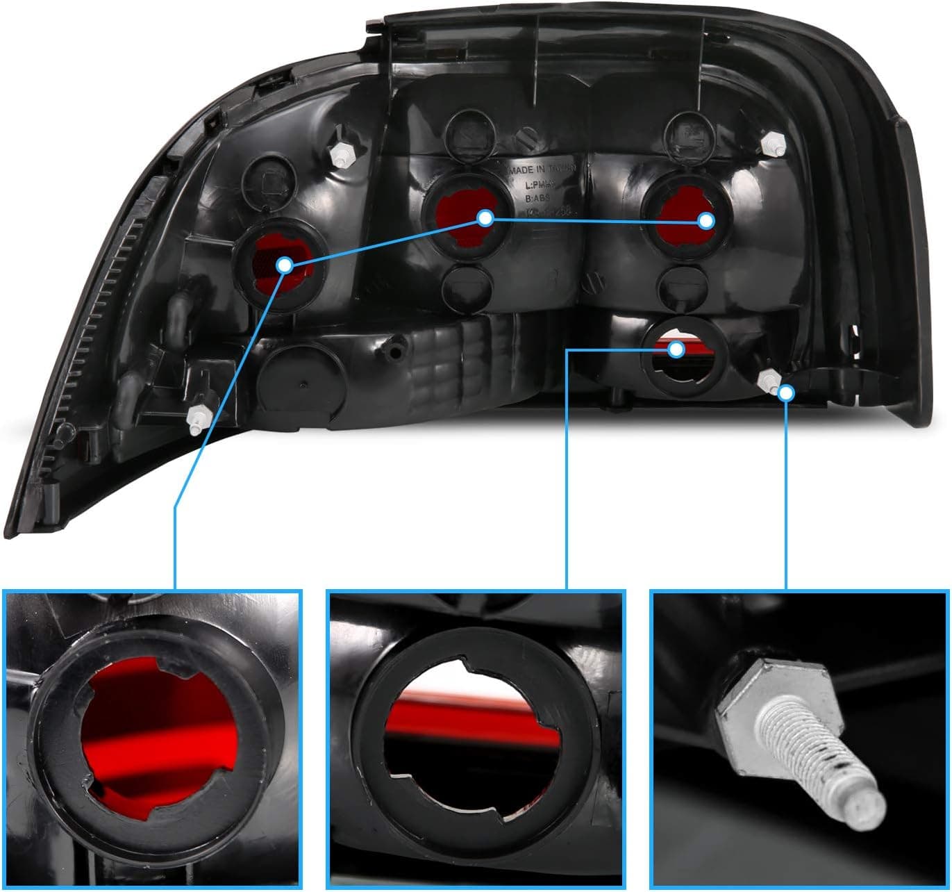 AmeriLite for 1994-1998 Ford Mustang Black Housing Dark Red OE Style Replacement Brake Tail Lights Set - Passenger and Driver Side Smoke+Black - Image 6