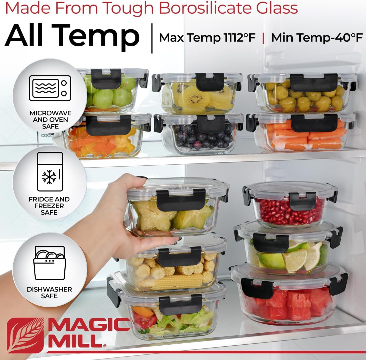 Magic Mill Borosilicate Glass Food Storage Containers with lids Set | Ultimate 24pc Sets with 12 Bowls & 12 Airtight Locking Lids for Lunch & Meal Prep, Safe for Oven, Freezer, Dishwasher, BPA-Free Black - Image 3